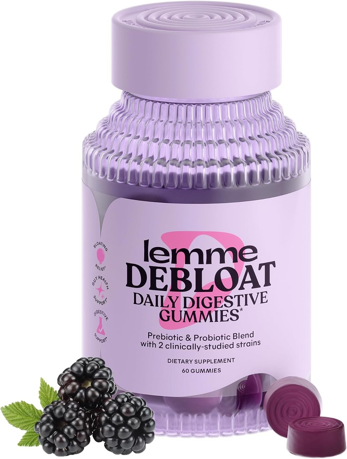 Lemme Debloat - Digestive & Gut Health Gummies with 2 Clinically Studied Probiotics & Prebiotic, Vegetarian, Gluten Free, Non GMO, BlackBerry Flavor (60 Count)