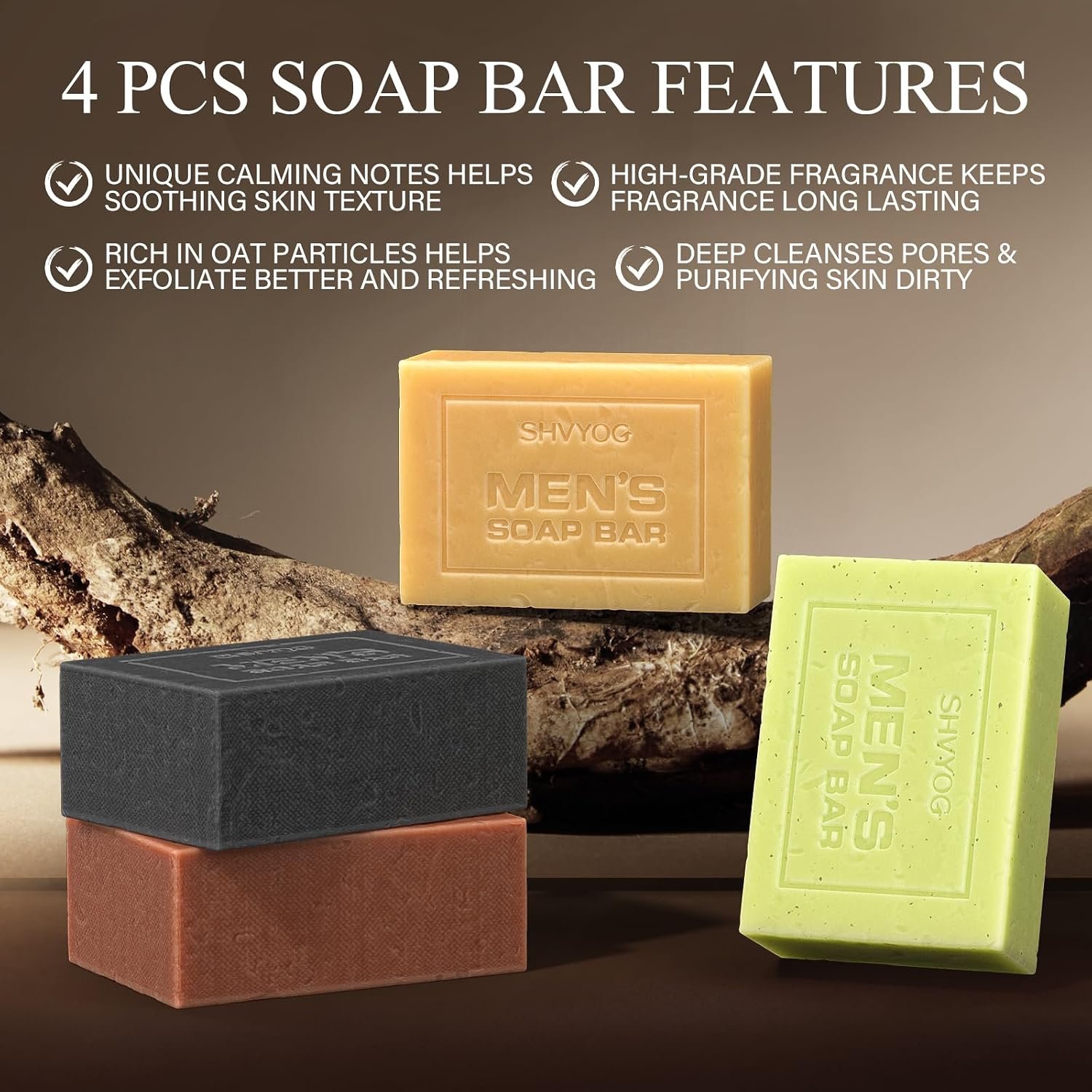 SHVYOG Mens Soap, 4 Pack Mens Bar Soap, Gift for Men Natural Cold Pressed Handmade Exfoliating Soap, Deep Cleansing, Moisturizing Bar Soap, Sandalwood Amber, Mint, Charcoal, Turmeric - 150G*4 - Image 4