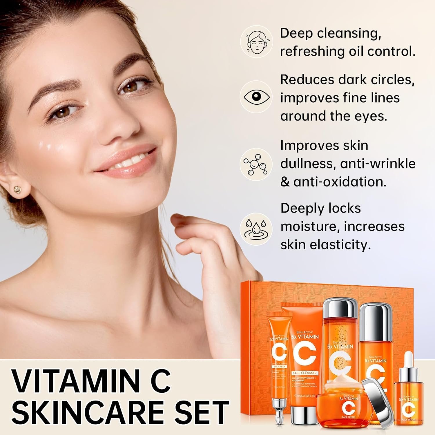 Vitamin C Skin Care Set for Women - 6PCS Skincare Gift Set With Facial Cleanser, Toner, Eye Cream, Serum, Lotion & Face Cream - Moisturizing Skin Care Kit for Anti-Wrinkle, Valentine’s Day Gift - Image 2