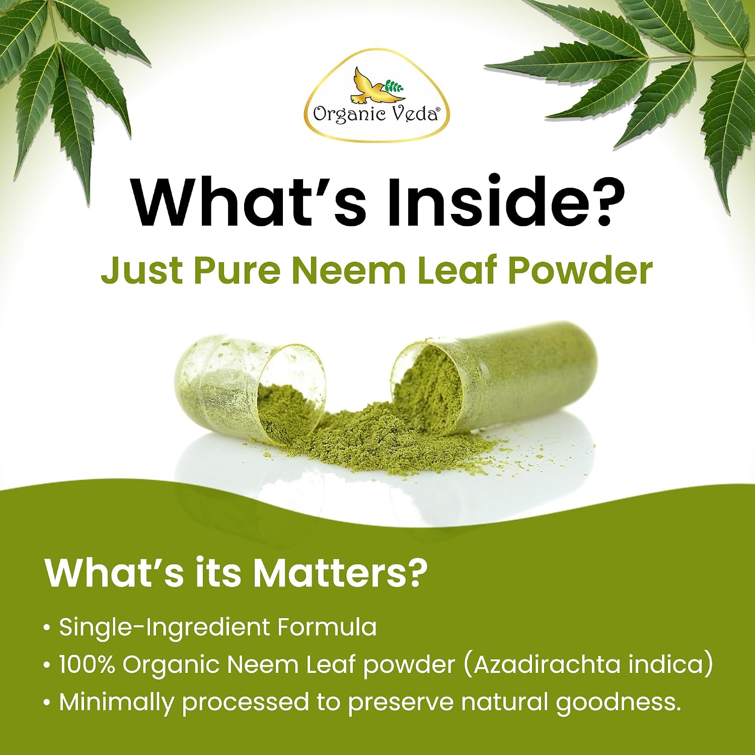 Organic Veda Neem Capsules – Herbal Supplement for Clear Skin, Immune & Gut Health For Men & Women - Single Origin True Green Neem Leaf Powder - Purifying & Cleansing Ayurveda Herb, 120 Vegan Capsules - Image 3