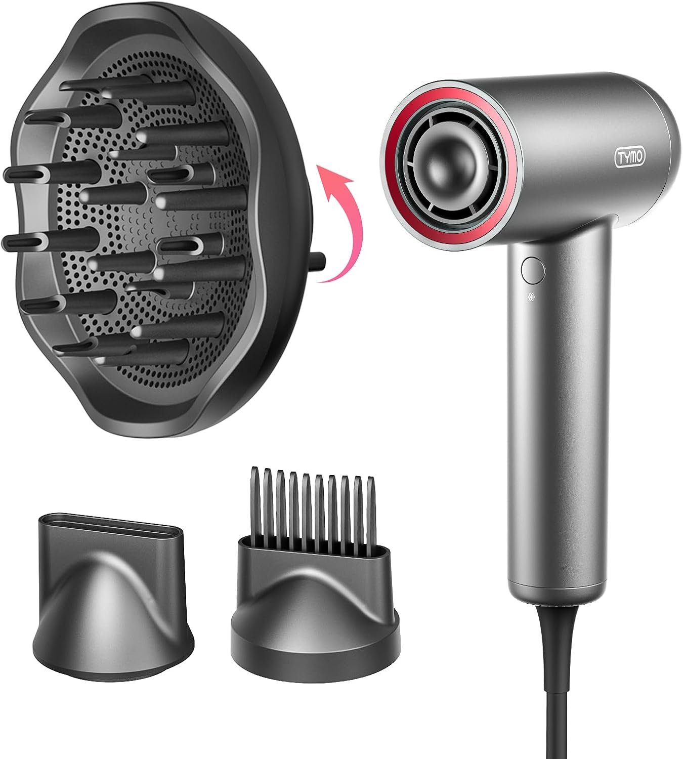 TYMO Hair Dryer with Diffuser, 1500W High-Speed Professional AIRHYPE Lite Blow Dryer with Comb for Fast Drying, 110,000RPM Brushless Motor, 200 Million Ionic Hairdryer, 3 Speeds & 4 Temps, Low-Noise