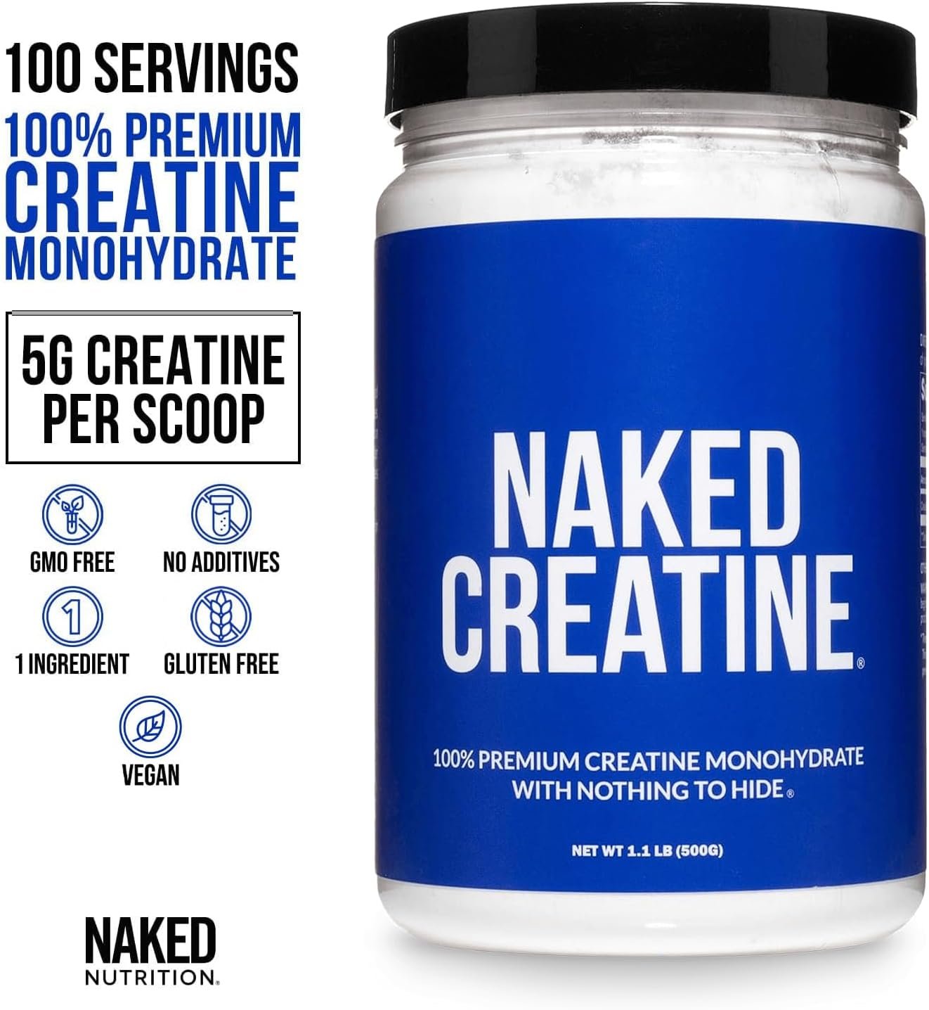 NAKED Pure Micronized Creatine Monohydrate Powder - NSF Certified, Unflavored, 500g, 1.1lb Bulk - Vegan, Non-GMO, Gluten-Free, Soy-Free, No Fillers, Supports Muscle Growth & Strength - 100 Servings - Image 2