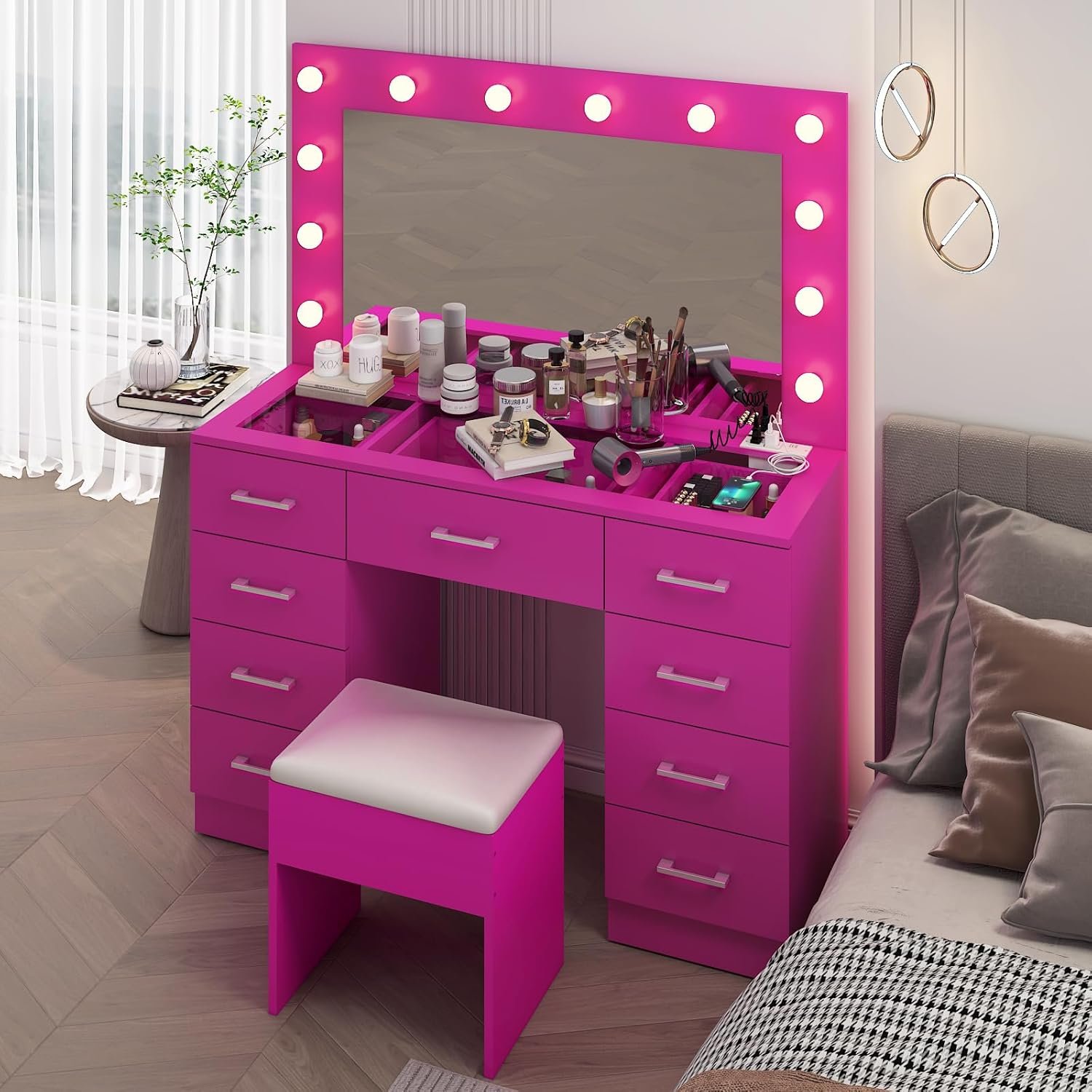 Karl home Vanity Desk with Large Lighted Mirror & Powre Outlet, Glass Tabletop Makeup Vanity Set with 9 Drawers, 45.3" Vanity Table with 3 Color Lighting Modes, Dressing Table for Women Girls, Pink - Image 9