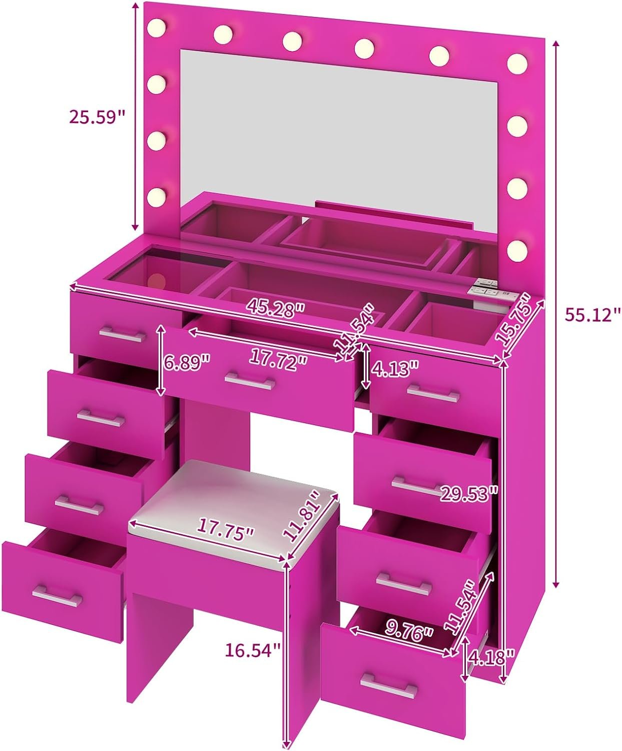 Karl home Vanity Desk with Large Lighted Mirror & Powre Outlet, Glass Tabletop Makeup Vanity Set with 9 Drawers, 45.3" Vanity Table with 3 Color Lighting Modes, Dressing Table for Women Girls, Pink - Image 3