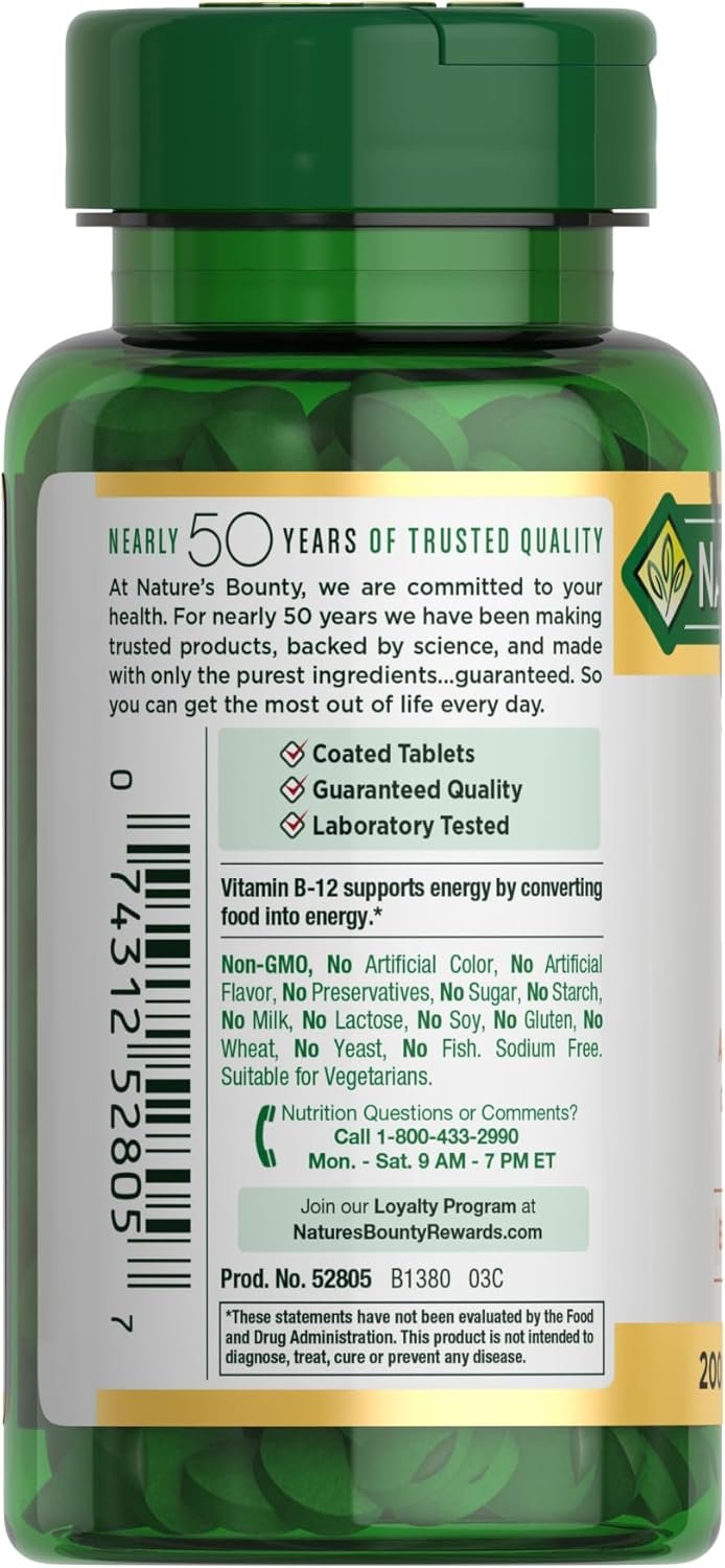 Nature's Bounty Vitamin B12 1000 mcg Supplements, Supports Energy Metabolism, 200 Ct - Image 7