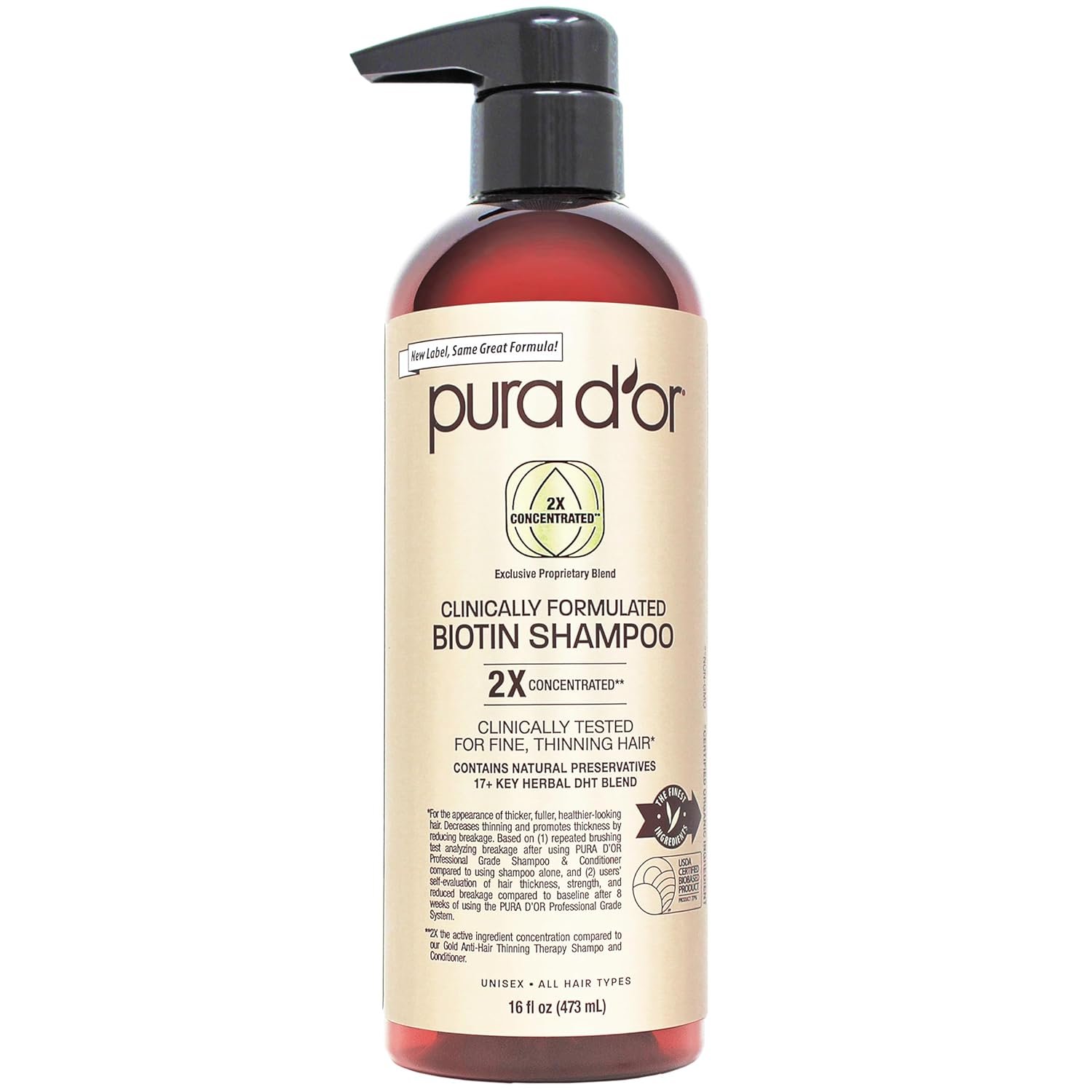 PURA D'OR Clinically Formulated Biotin Shampoo - Daily Hair Care Routine For Thinning Hair - 2X Concentrated 17+ Key Herbal Blend Hair Thickening Products For Women & Men, Botanical Zen Scent 16 Fl Oz