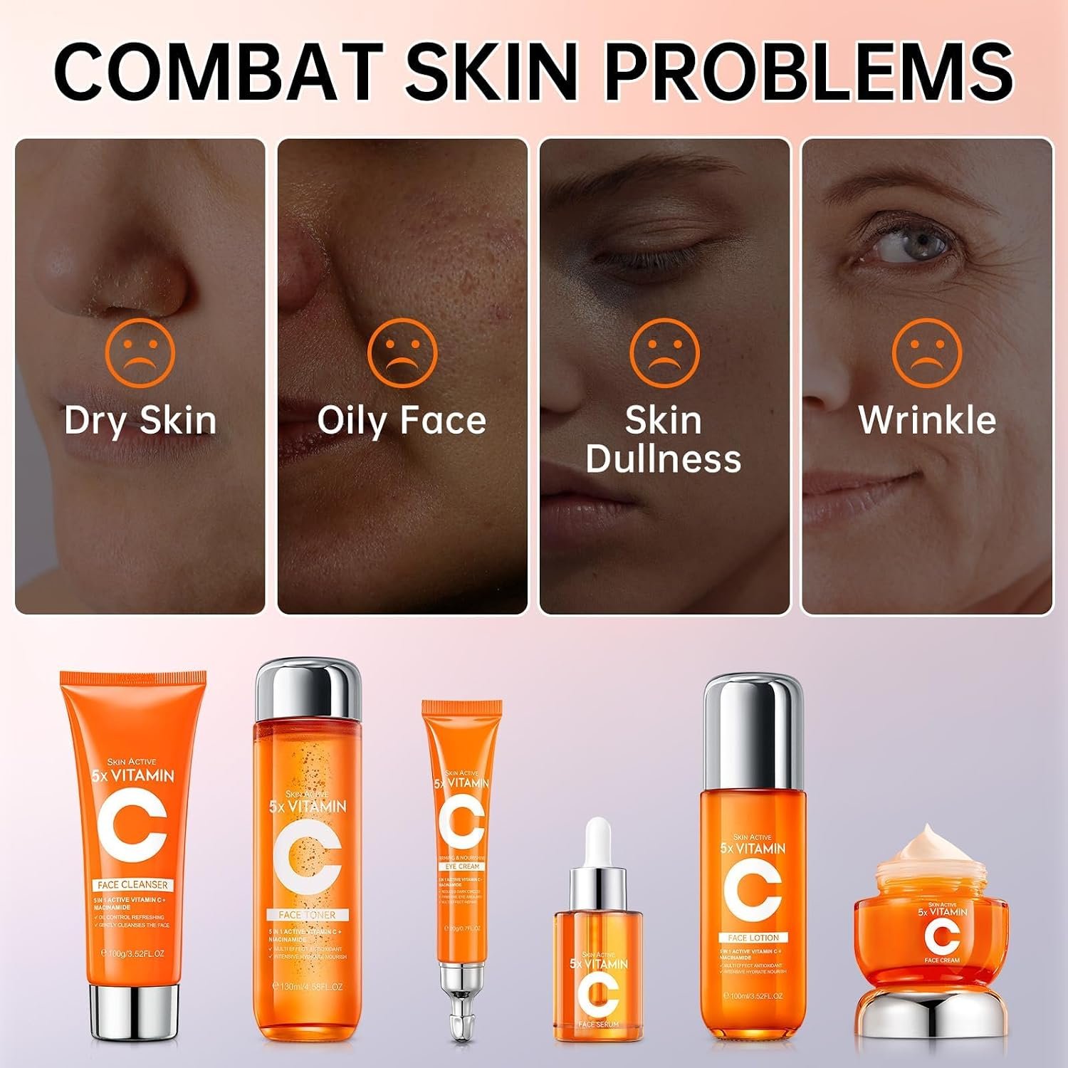 Vitamin C Skin Care Set for Women - 6PCS Skincare Gift Set With Facial Cleanser, Toner, Eye Cream, Serum, Lotion & Face Cream - Moisturizing Skin Care Kit for Anti-Wrinkle, Valentine’s Day Gift - Image 4