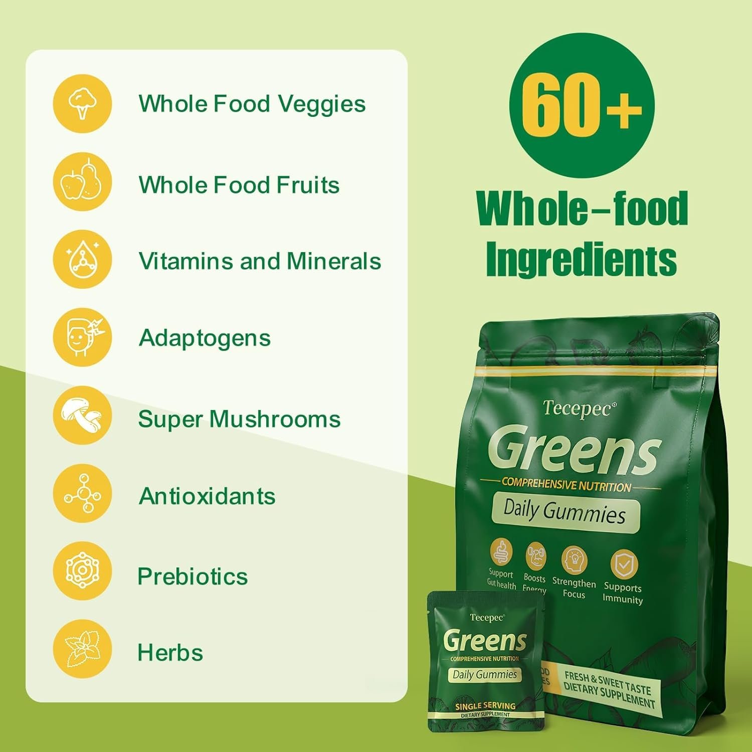 Greens Daily Gummies, Superfood Fruits and Veggies Blend with Spirulina, Chlorella, Prebiotics & Fiber, Adaptogens Multivitamin Supplement for Women & Men Digestive Health, Non-GMO, 240 Count - Image 2