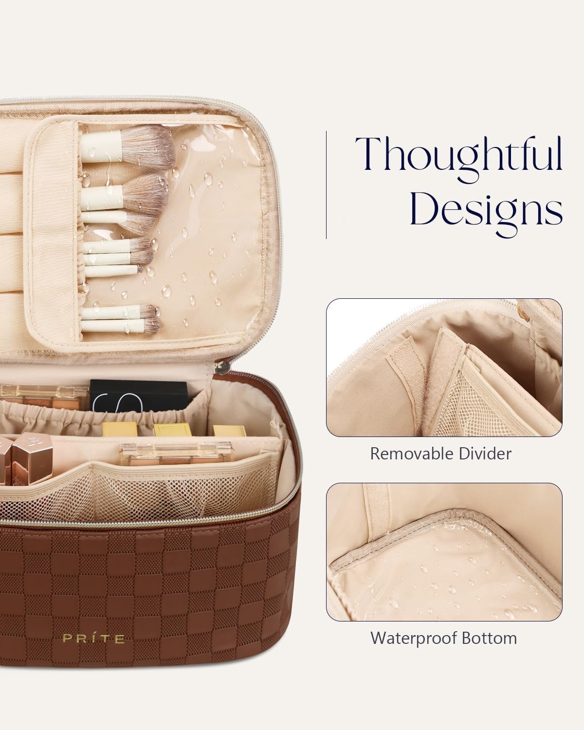 Prite Makeup Bag, Large Capacity Cosmetic Bag for Women and Girls, Waterproof PU Leather Travel Case with Handle, Divider for Skincare and Brushes - Checkered Brown - Image 4