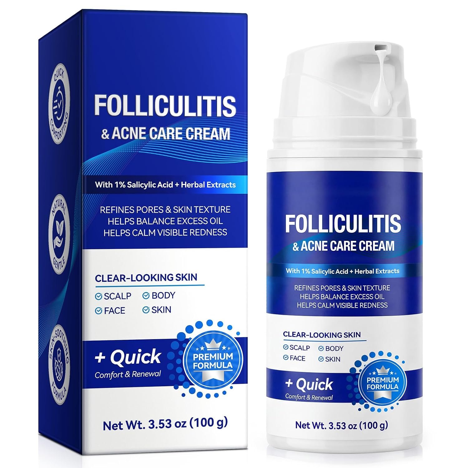 Acne Treatment for Face, Folliculitis Cream with 1% Salicylic Acid for Cystic – Multi-Purpose Gentle Herbal Formula for Scalp, Face & Body – Soothes Redness, Helps Prevent New Pimples, Fast Acting