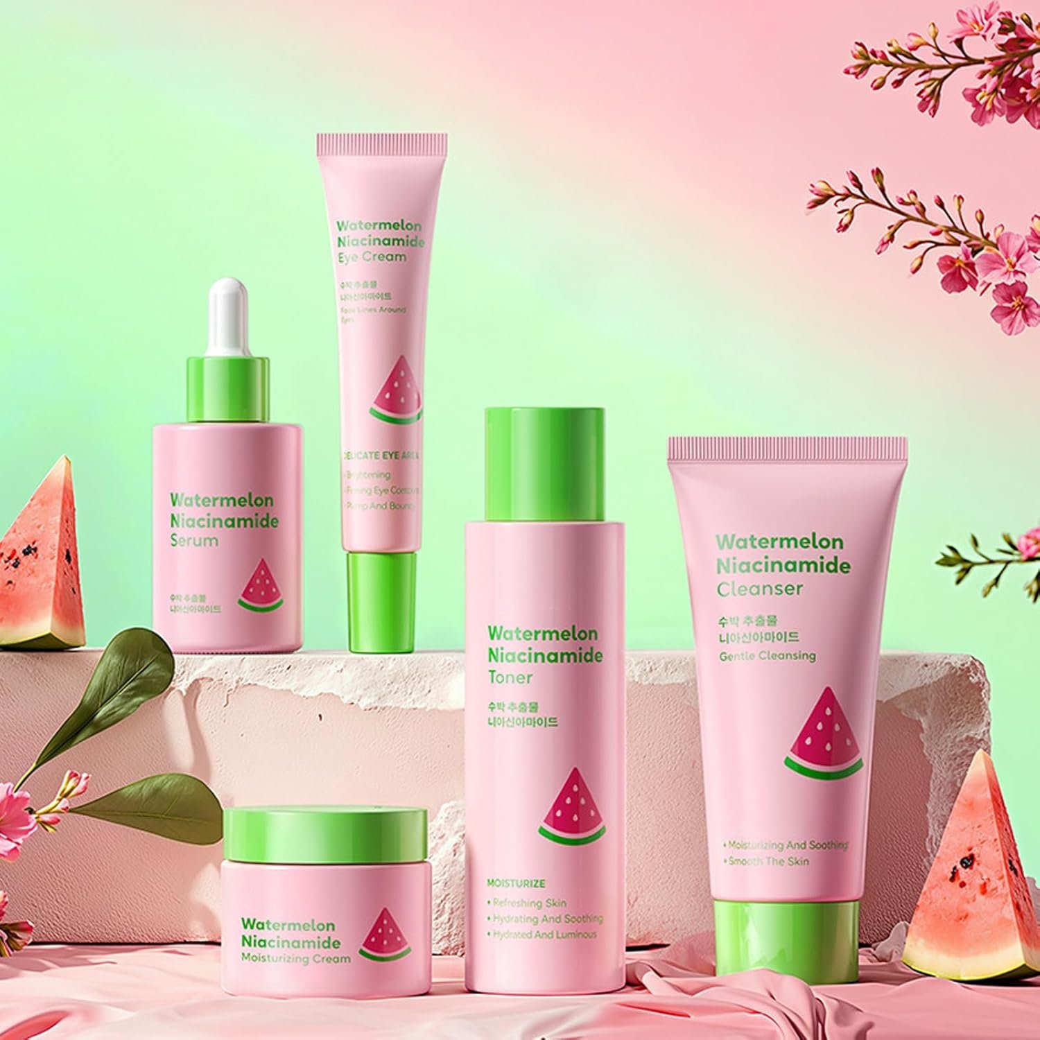 Watermelon Niacinamide Skin Care Set, Skin Care For Kids & Girls With Cleanser,Toner,Eye Cream,Cream,Serum,Headbeand & 2PCS Guasha, Skincare For Girls 10-12, Routine Beauty Skin Care For Teens Gift - Image 2