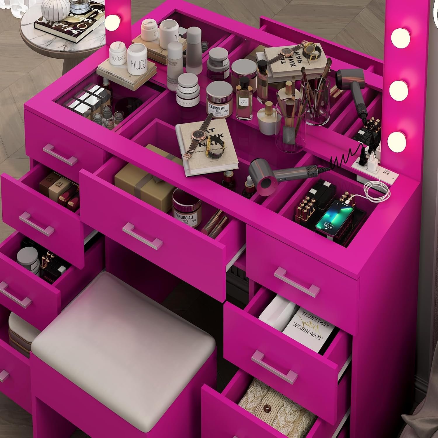 Karl home Vanity Desk with Large Lighted Mirror & Powre Outlet, Glass Tabletop Makeup Vanity Set with 9 Drawers, 45.3" Vanity Table with 3 Color Lighting Modes, Dressing Table for Women Girls, Pink - Image 5