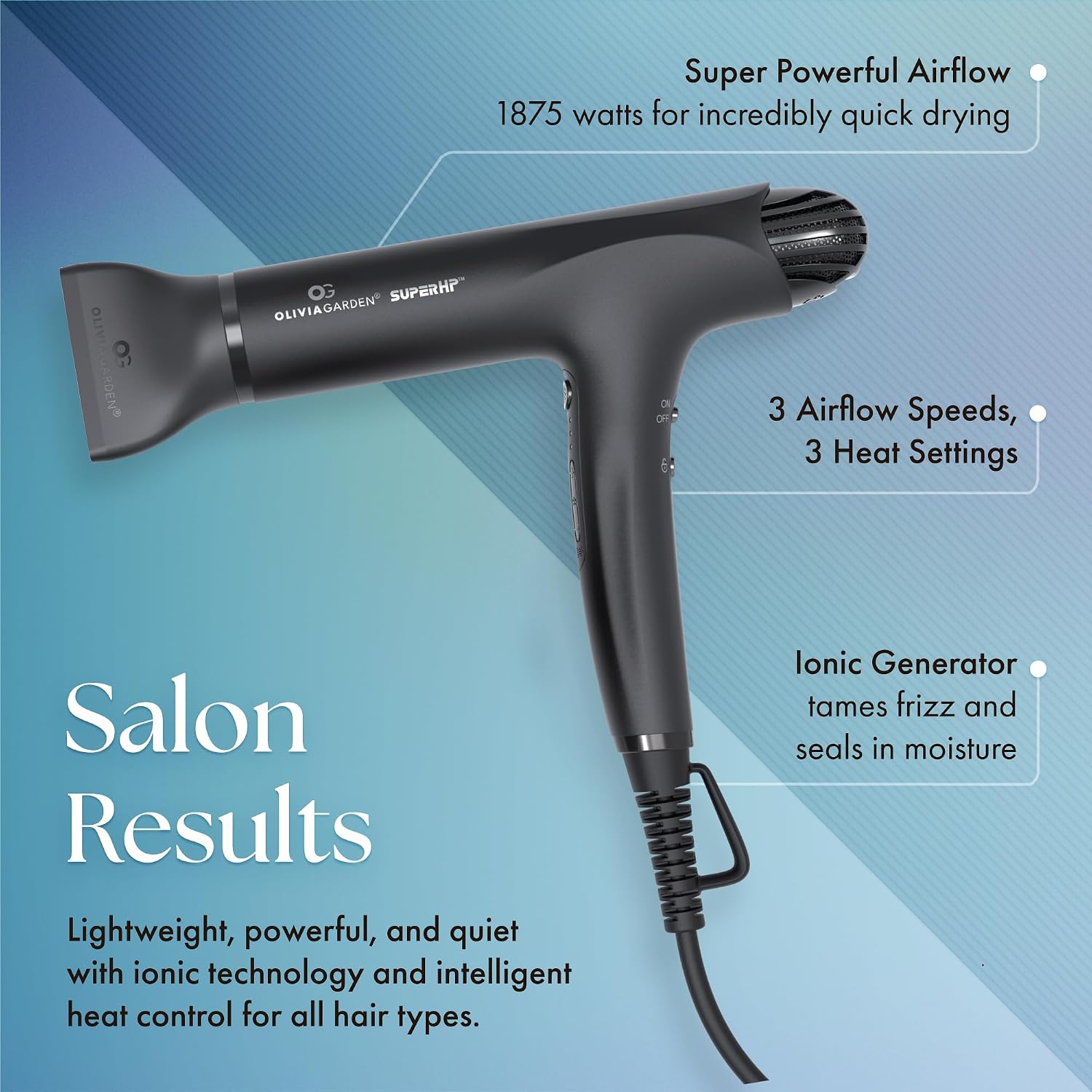 Olivia Garden 1875W SuperHP Professional Hair Dryer for All Hair Types - Quiet, Fast Drying Blow Dryer - Powerful Ionic Generator - 5 Attachments, Including 2 Comb and 1 Diffuser Attachments - Image 2