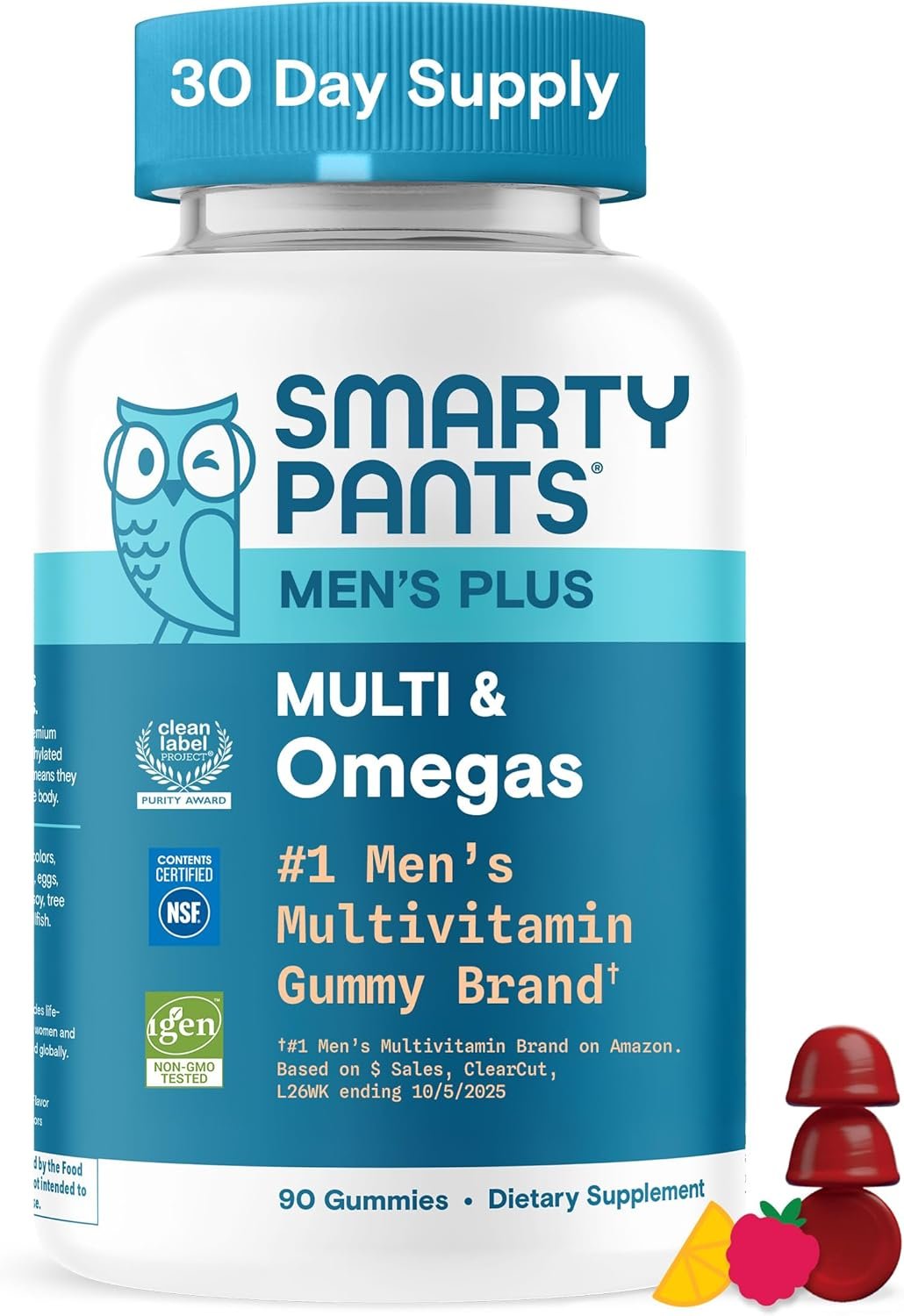 SmartyPants Men's Multivitamin Gummies with Omega 3 DHA/EPA, Methylfolate, Vitamin D3, C, B12, B6, A, K, Zinc, Raspberry Lemonade Flavor, 90 Count (30 Day Supply)