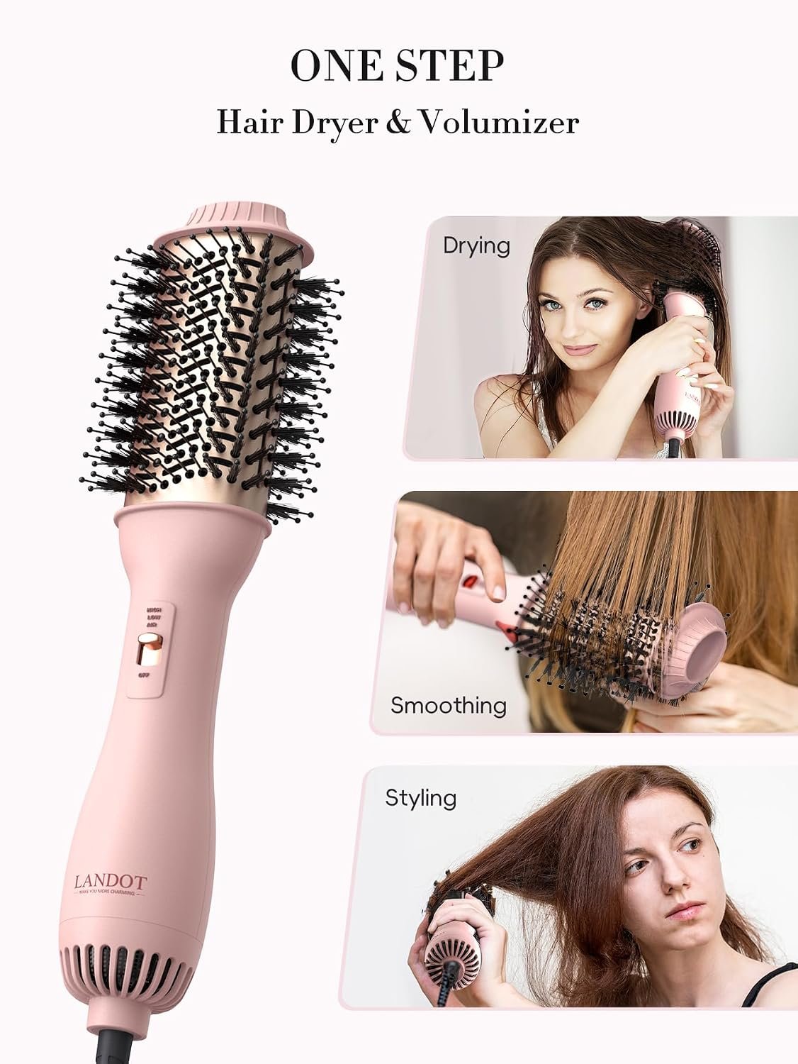 LANDOT Hair Blow Dryer Brush - One-Step Volumizer & Styler with Ceramic Titanium Barrel, Ionic Anti-Frizz Technology, 3 Heat/2 Speed Settings for All Hair Types, Rose Gold - Image 2