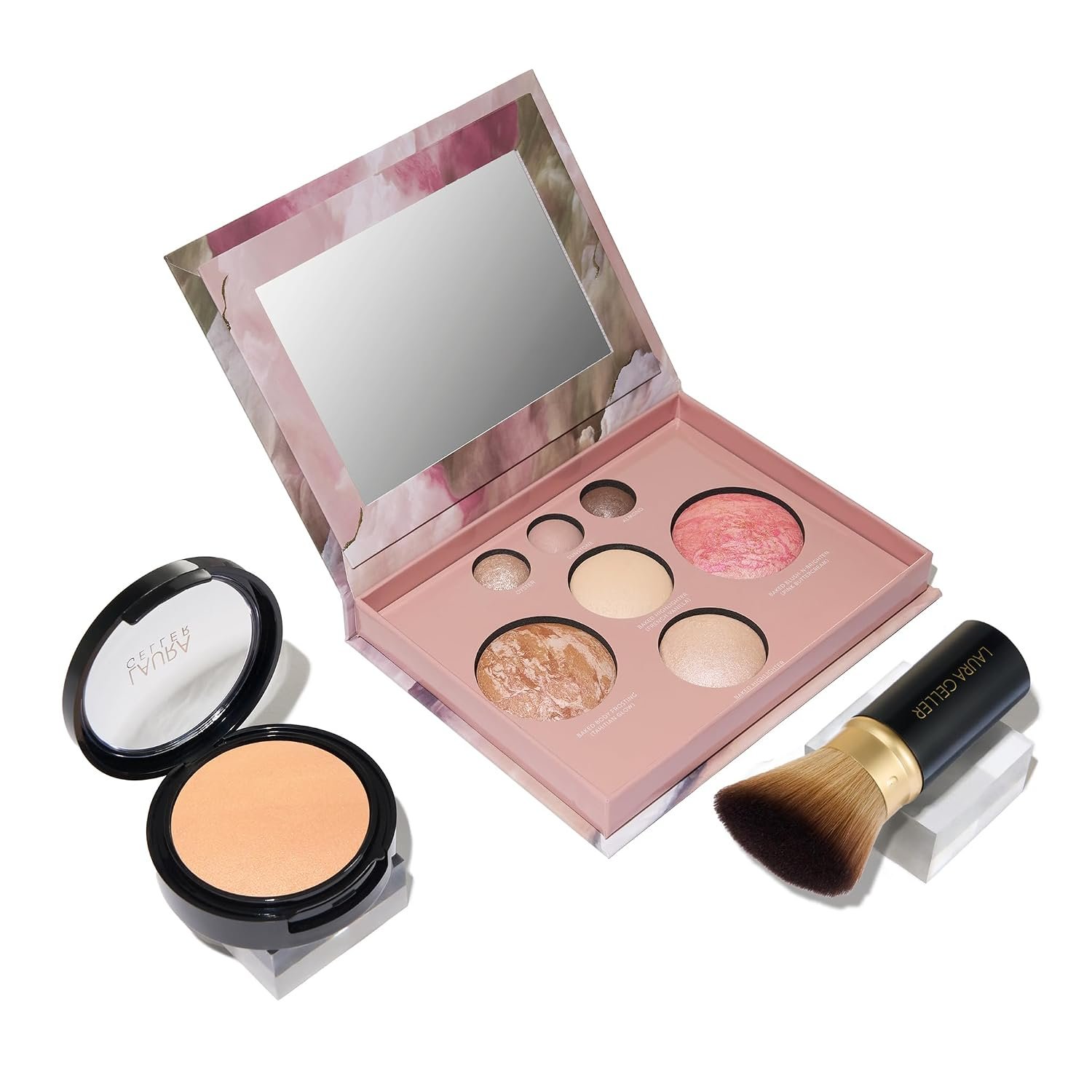LAURA GELLER NEW YORK Baked Starter Kit - Full Coverage: Double Take Powder Foundation + Best of the Best Face Palette + Retractable Angled Kabuki Brush (03 Light)