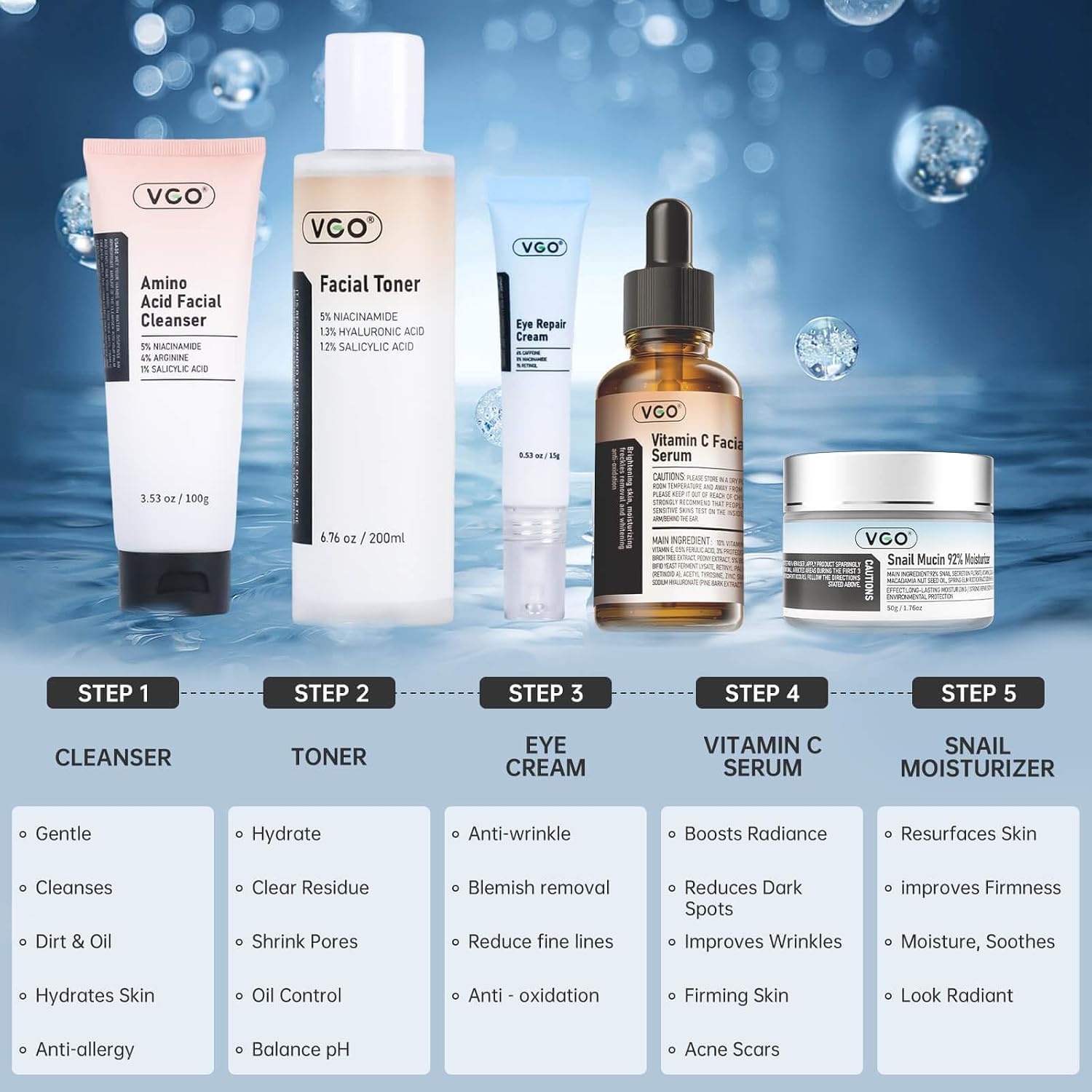 VGO Skin Care Set, Anti-Aging Moisturizing Repairing Soothing Snail Mucin Facial Skin Care Routine Kit for Dry Sensitive Dull Skin, 13.58 Fl Oz - Image 5