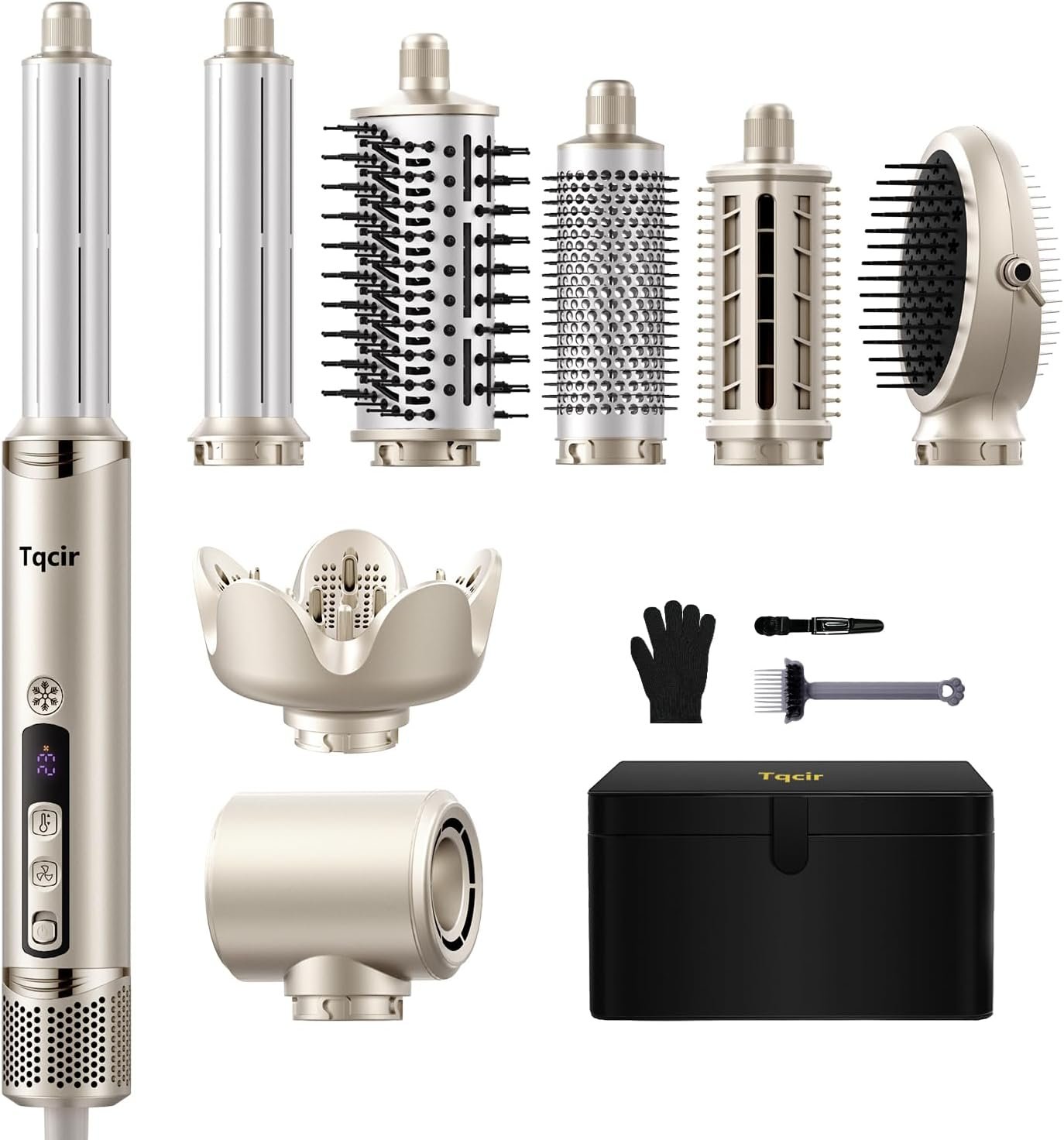 Tqcir 8-in-1 Professional Hot Air Styler&Hair Dryer Brush, Powerful Multi-Styler with Auto-Wrap Curler with Storage Case, Fast Drying Curling Straightening Volumizing Without Heat Damage(Gold)