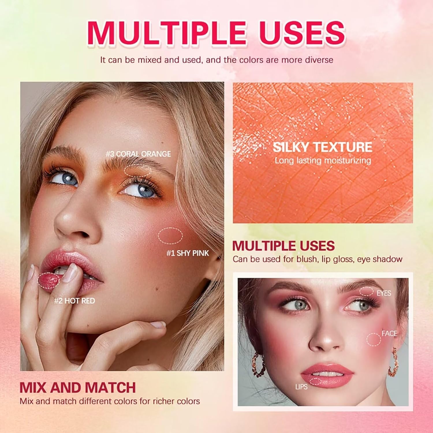 Multi-Use Makeup Blush Stick,Beauty Solid Moisturizer,Waterproof Natural Nude Makeup,Tinted Solid Moisturizer Stick for Eyes Lips Cheek(1#shy pink) - Image 6