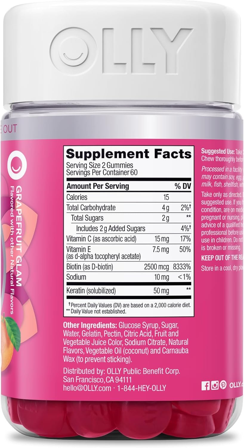 OLLY Hair Skin and Nails Gummies - Undeniable Beauty with Biotin 2500mcg Per 2 Gummies, Keratin & Vitamin C - Supports Healthy Hair, Skin, & Nails - Grapefruit Flavor - 120 Count - Image 3