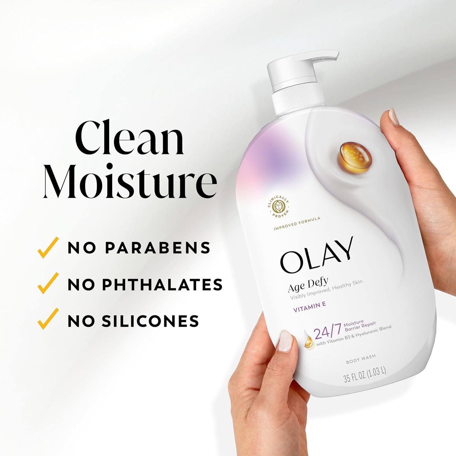 Olay Body Wash for Women, Age Defy with Vitamin E, 24/7 Moisture Barrier Repair, Hydrating & Cleansing for Visibly Soft Skin, Vitamin B3 & Hyaluronic Blend, All Skin Types, 22 fl oz (Pack of 2) - Image 7