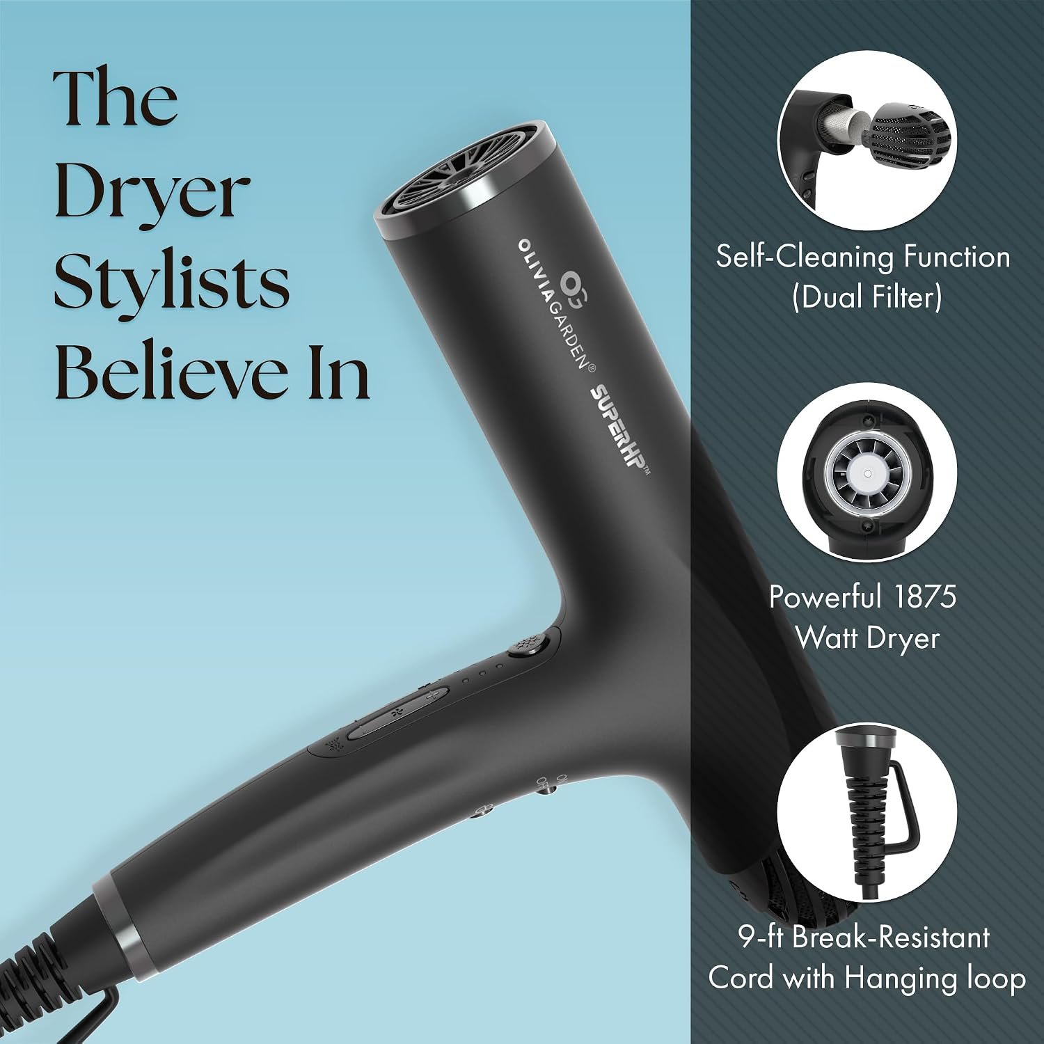 Olivia Garden 1875W SuperHP Professional Hair Dryer for All Hair Types - Quiet, Fast Drying Blow Dryer - Powerful Ionic Generator - 5 Attachments, Including 2 Comb and 1 Diffuser Attachments - Image 3