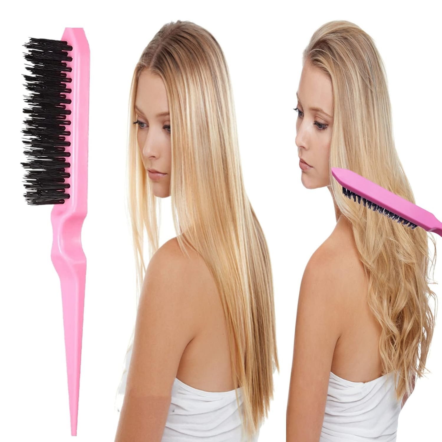 5Pcs Slick Back Brush Set with Topsy Tail Tool, Teasing Bristle, Rat Comb for Women & Girls Hair Styling, Flyaways Control and Edge Combing - Pink - Image 4