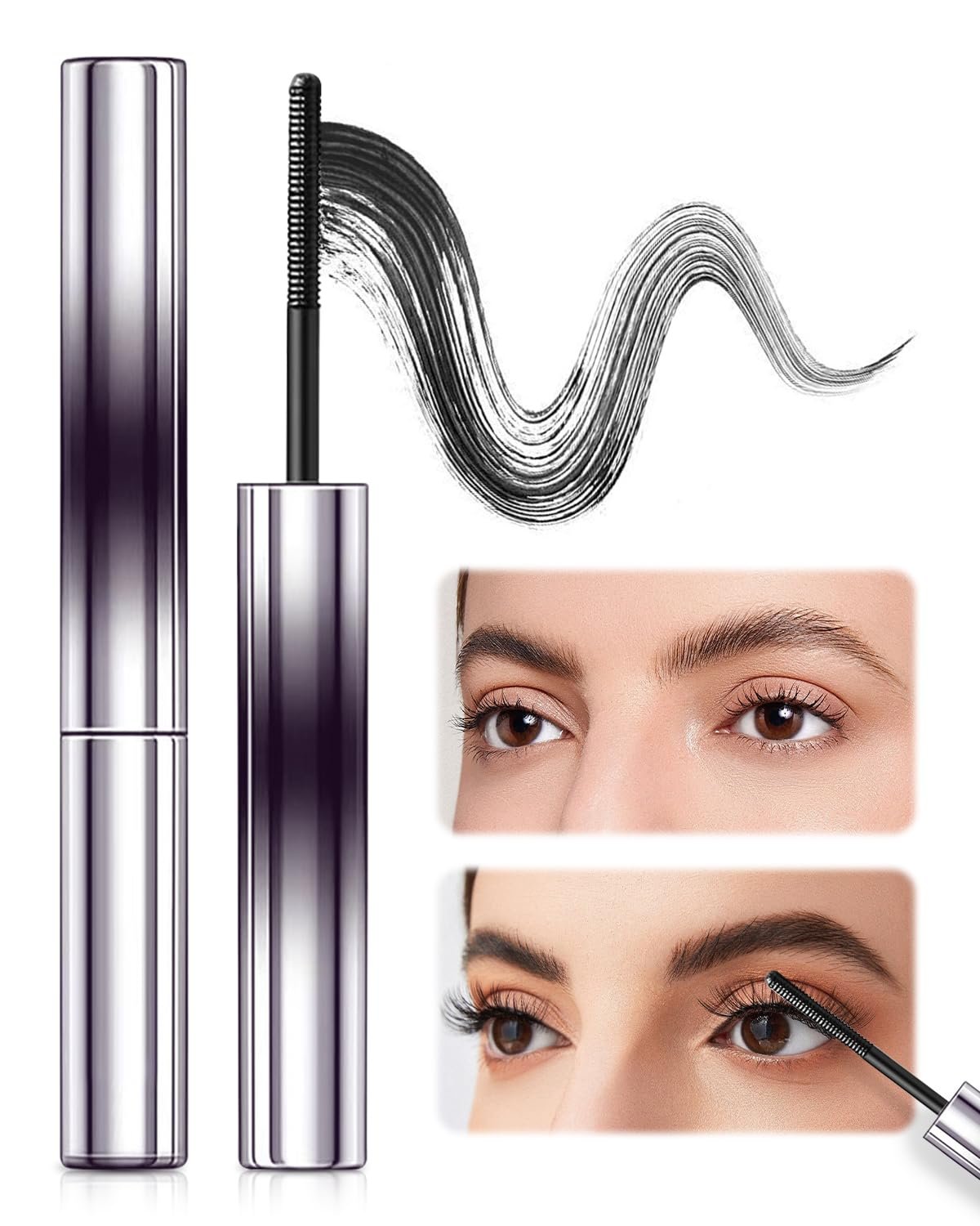 Wand Mascara, Metal Wand Mascara Black Washable Metal Mascaras, Waterproof Long-Lasting 3D Curling Eyelash Iron Mascaras with No Flaking (Black)