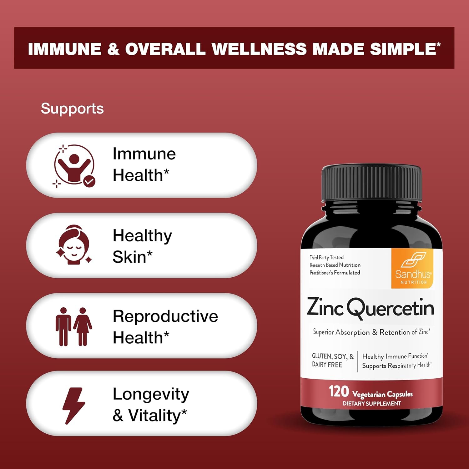 Sandhu's Zinc Quercetin 120 Vegetarian Capsules (Pack of 1) | High Absorption Zink Supplements for Immunity and Seasonal Allergy | Antioxidant Immune Support for Men and Women | Easy to Swallow - Image 8