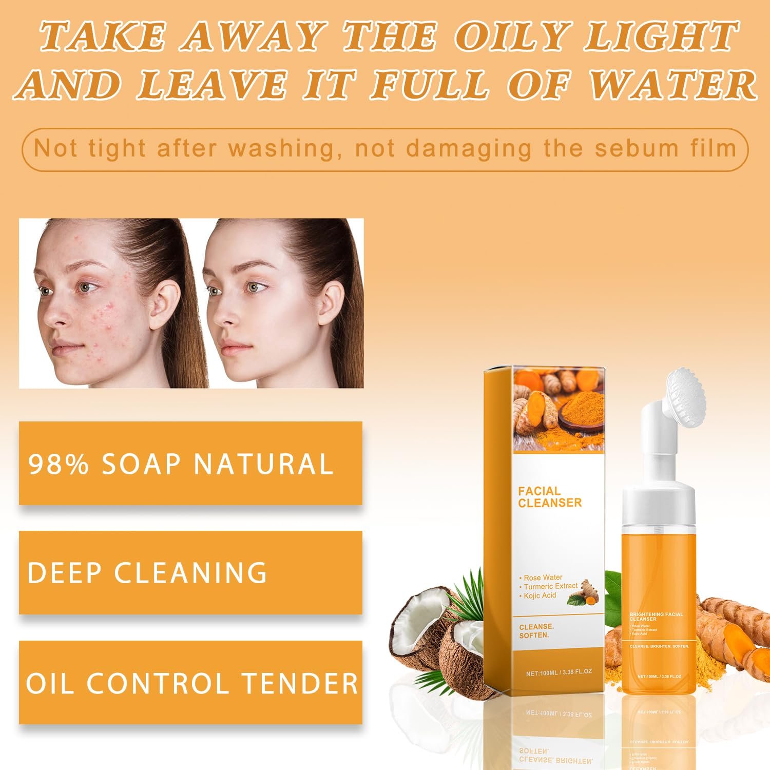 4Pcs Turmeric Wash and Care Three Piece Set,Turmeric Trio: Facial Wash,Cleansing Mousse & Soap for Skin Care,Turmeric Cleansing Exfoliating Pads,Turmeric Face Wash for Face & Body - Image 4
