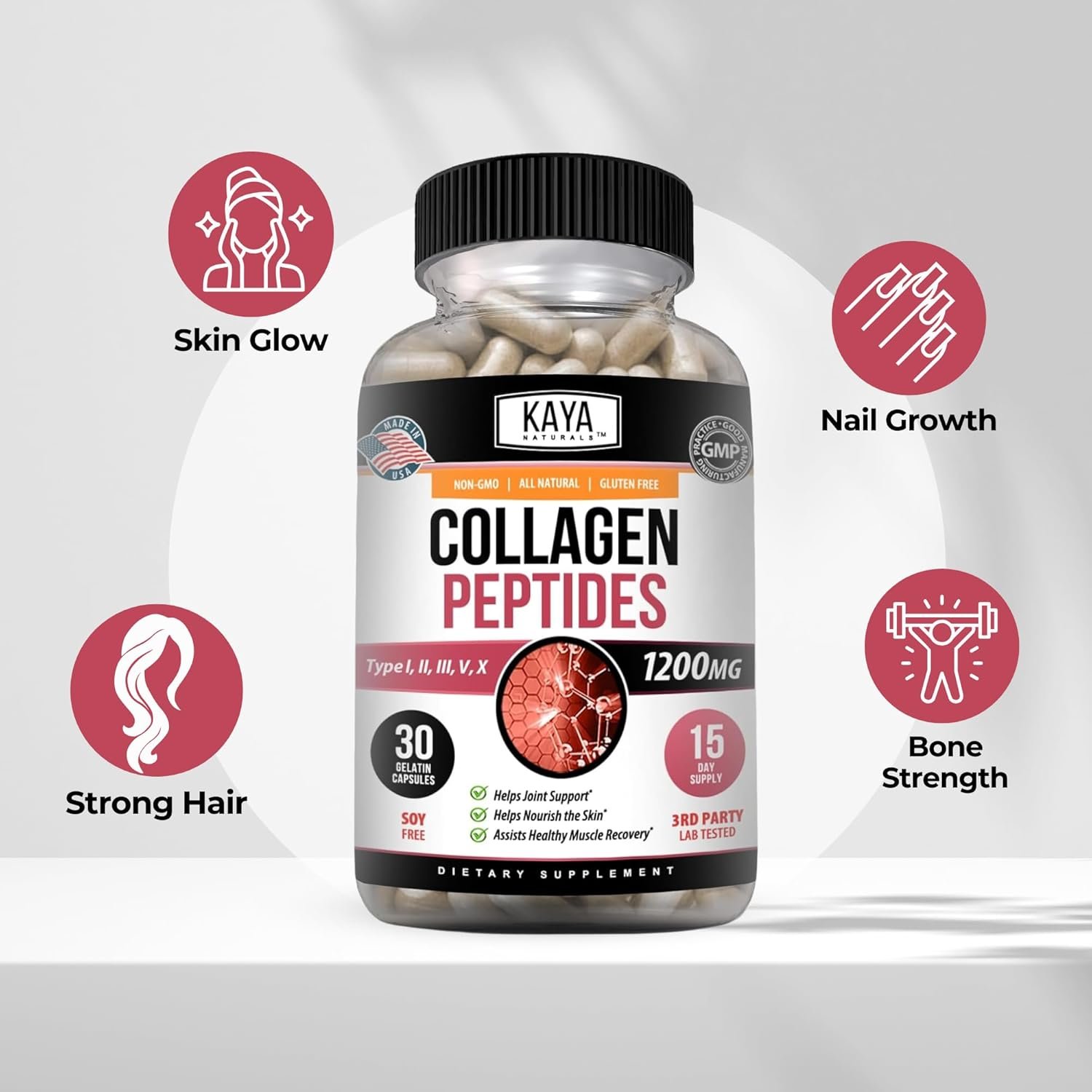 Kaya Naturals Multi Collagen Peptides Complex Powder for Women and Man, Vital for Hair, Skin, Nails, and Anti-Aging, Types I, II, III, V & X Collagen Protein Blend | Capsules - 30 Count Supplement - Image 4