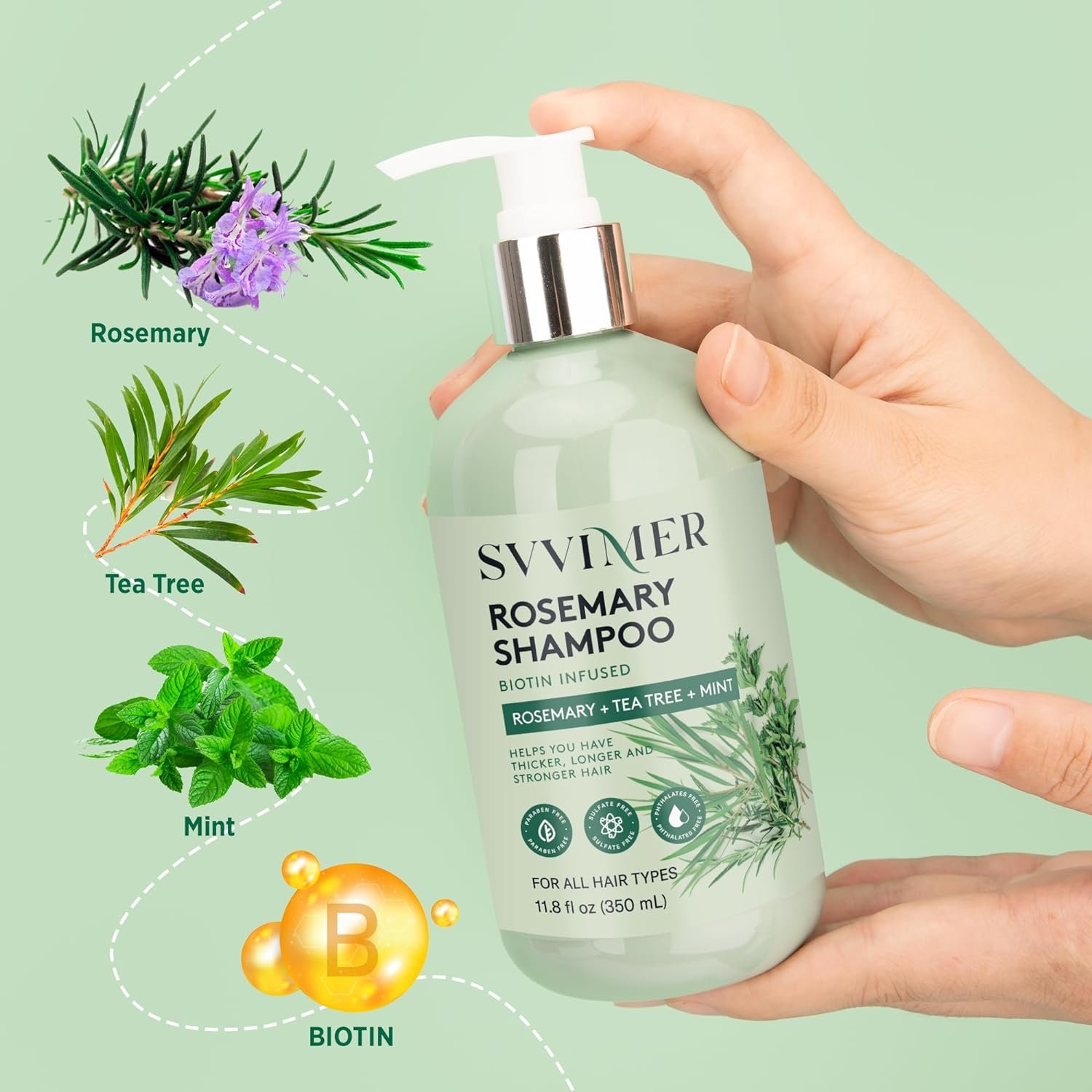 Svvimer Rosemary Hair Thickening Shampoo: Thickening and Strengthening Formula for Men & Women - Volumizing Shampoo with Tea Tree Oil Biotin Mint - For Thinning Fine Hair 11.8 Fl Oz - Image 3