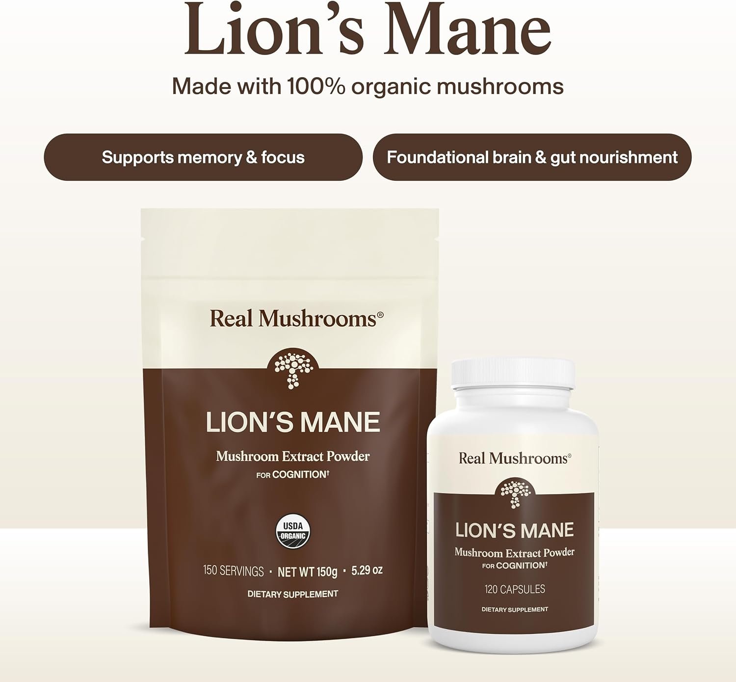 Real Mushrooms Lions Mane Mushroom Cognition (120 Capsules) Lions Mane Mushroom Powder Extract Capsules | Brain Supplement, Brain Vitamins, Focus Supplement - Image 3