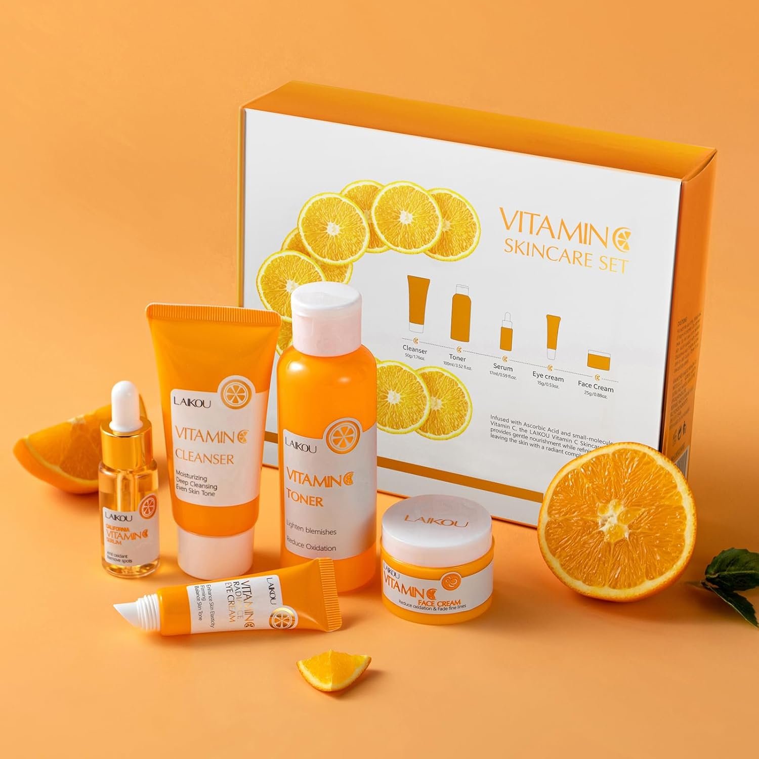 LAIKOU Vitamin C Skin Care, Skin Care Set with Cleanser, Toner, Serum, Eye Cream, Face Cream for Women Teen Girls Mom Daughter Mother's Day Christmas Birthday Beginner Kit TSA-friendly 5pcs - Image 4