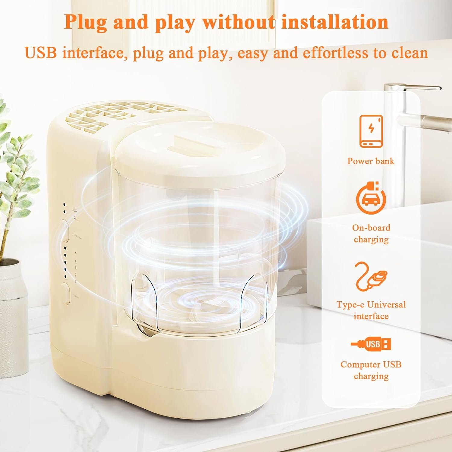 3-in-1 Electric Makeup Brush Cleaner & Mini Underwear Washing Machine & Makeup Brush Air Dryer with 2 Containers, Suitable for Cleaning Beauty Makeup Brush Set, Underwear and Socks, Beige - Image 4