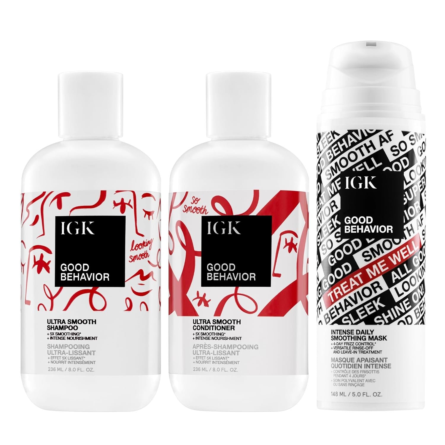 IGK Good Behavior Shampoo + Good Behavior Conditioner + Good Behavior Bonding Mask – Hair Cleansing, Hydrating & Repair Trio for Frizz Control, Smoothness & Shine – Vegan & Cruelty-Free