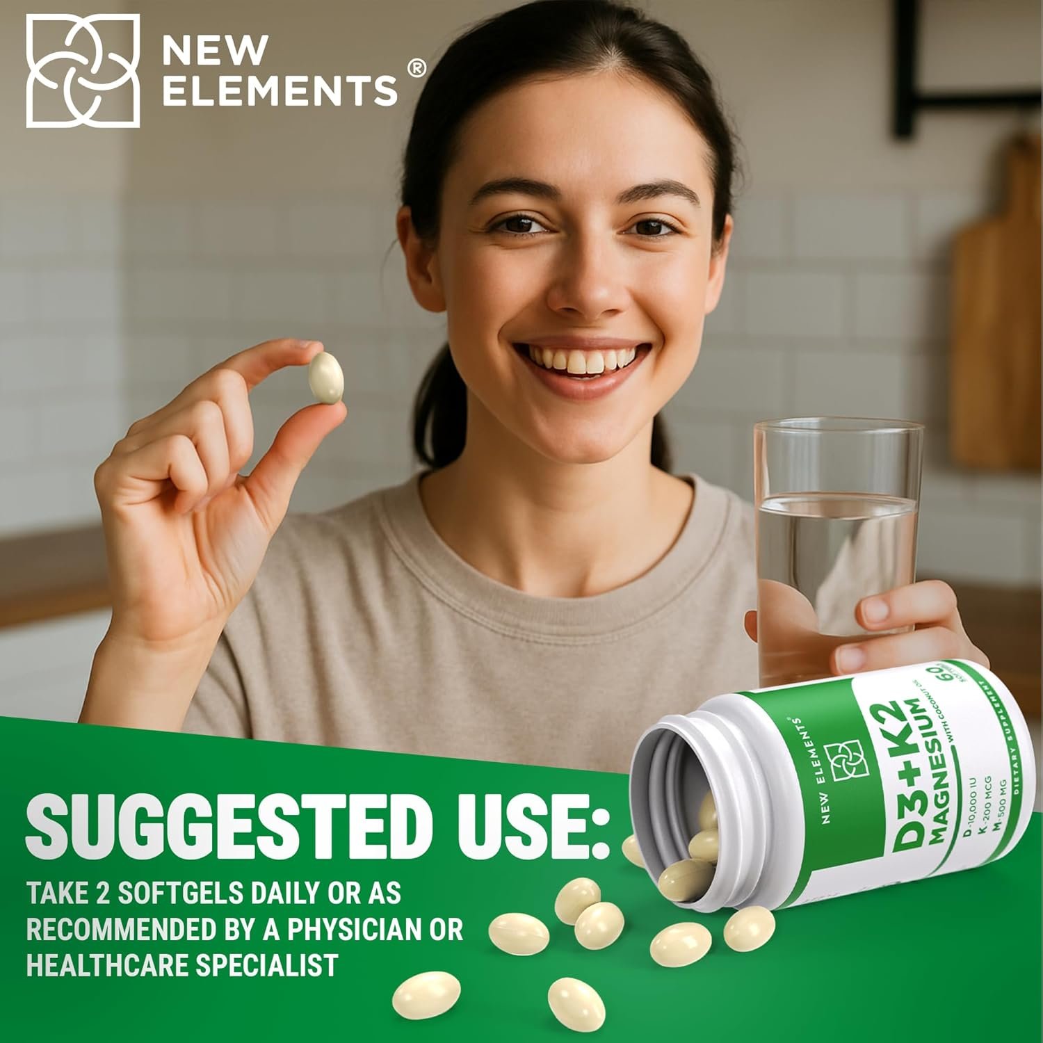 New Elements Vitamin D3 K2 10,000 IU with Magnesium Glycinate 500mg - Bone Health, Immune Support, Energy & Mood - Non-GMO, Gluten-Free, Sugar-Free Softgels for Women & Men (60 softgels) - Image 7