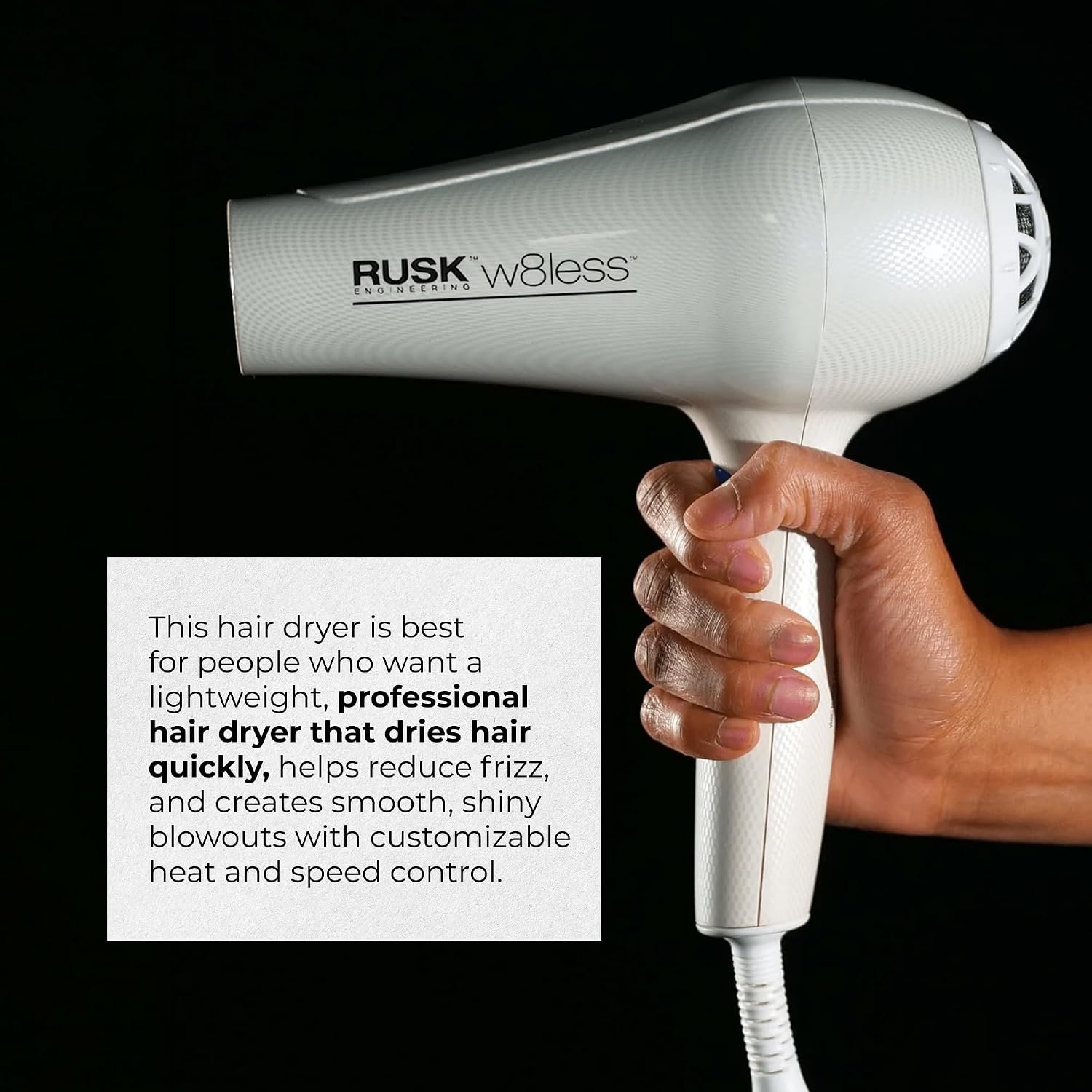 RUSK W8less 2000 Watt Ionic Hair Dryer - Ceramic Tourmaline Technology - Lightweight, Professional Blow Dryer for Fast Drying & Frizz Control (1 ct) - Image 5
