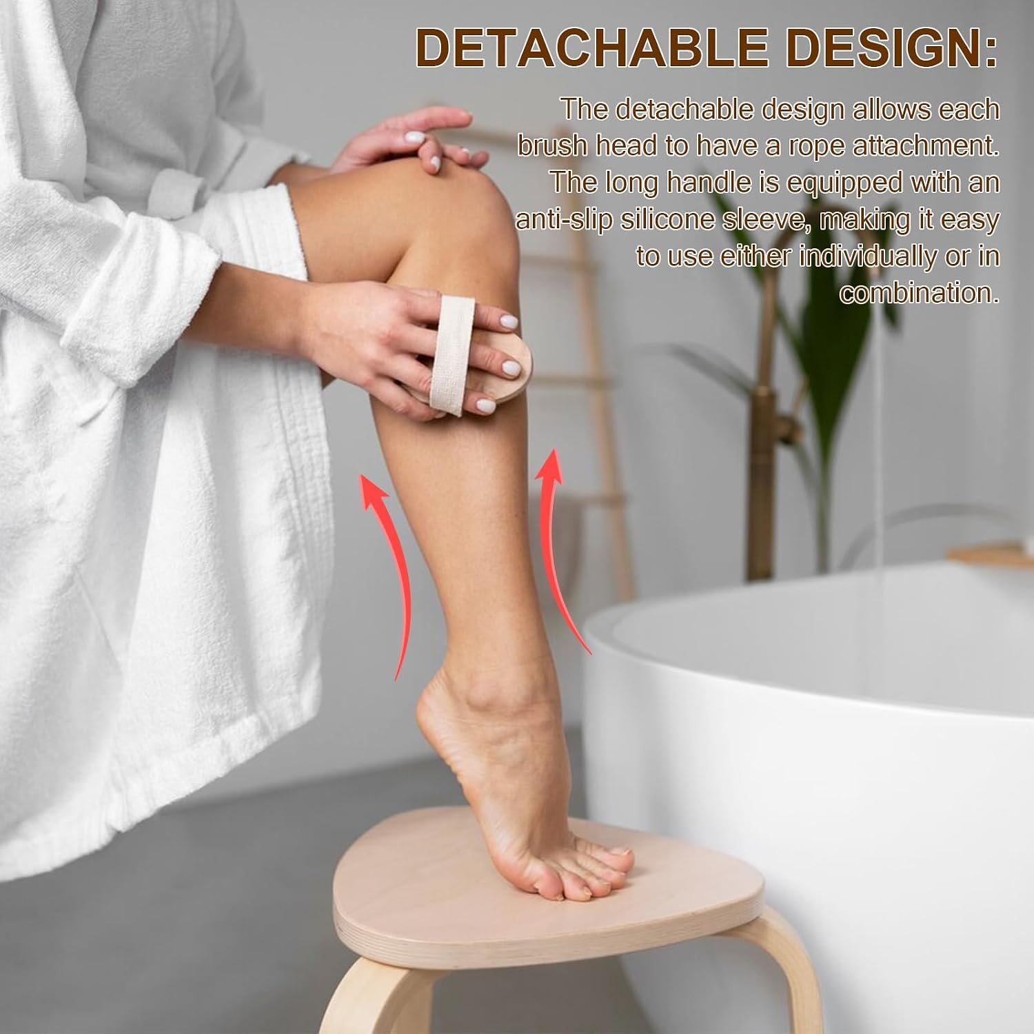 DEBETOOL Dry Brushing Set - Natural Boar Bristle Body & Face Brush, Wooden Long Handle Scrub Brush for Cellulite & Lymphatic Drainage Body Care, Detachable, 3 Brush Heads - Image 6