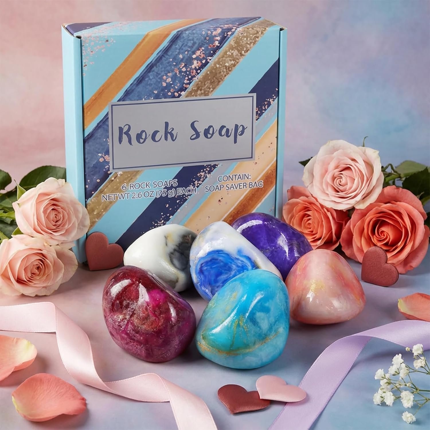 Soap Bar Sets - Bff Beauty 6pcs Hand Face Body Bar Soap Birthday Valentine Gift Set for Women, Perfect Gemstone Soap Rocks Set for Women & Men Moisturizing Skin, Best Gift Ideal for Birthday Gifts - Image 2