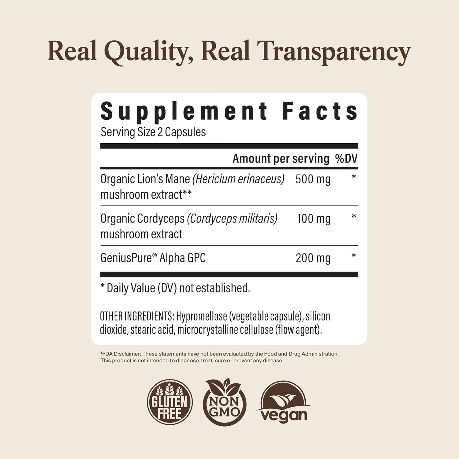 Real Mushrooms Lion’s Mane Focus Capsules (90 Count) – Organic Lions Mane Fruiting Body Extracts with 200mg Alpha GPC Choline for Mental Clarity & Daily Cognitive Function - Image 3