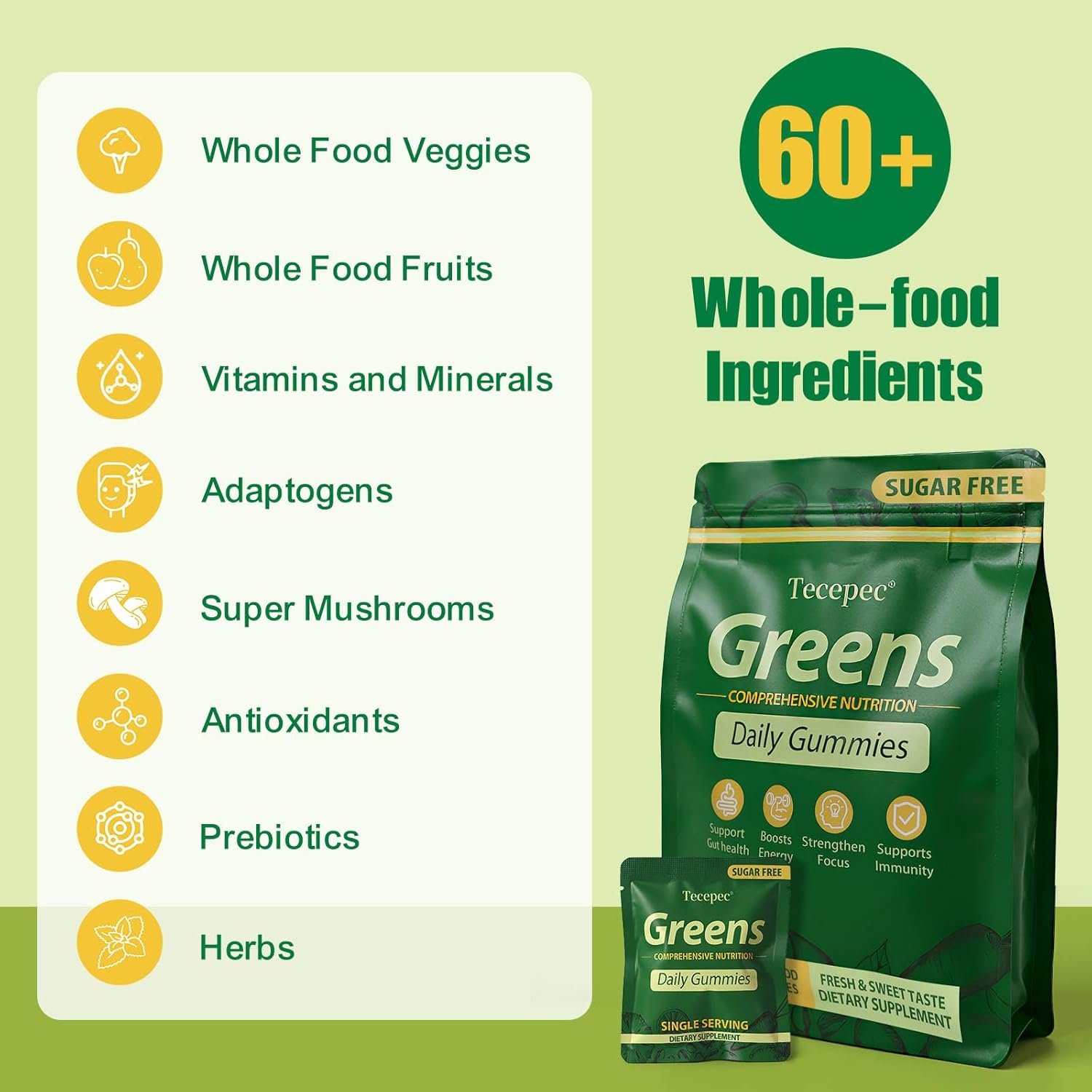 Sugar Free Greens Daily Gummies, Superfood Fruits Veggies Blend with Spirulina, Chlorella, Prebiotics & Fiber, Adaptogens Multivitamin Supplement for Women Men Digestive Health, Non-GMO, 120 Count - Image 2