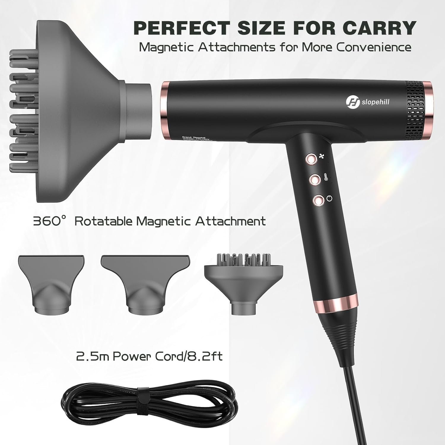 slopehill Professional Ionic Hair Dryer with Diffuser - Lightweight, Compact, Powerful & Fast Salon Blow Dryer with High Speed Brushless Motor for Travel, Women & Men Ceramic, Black - Image 5
