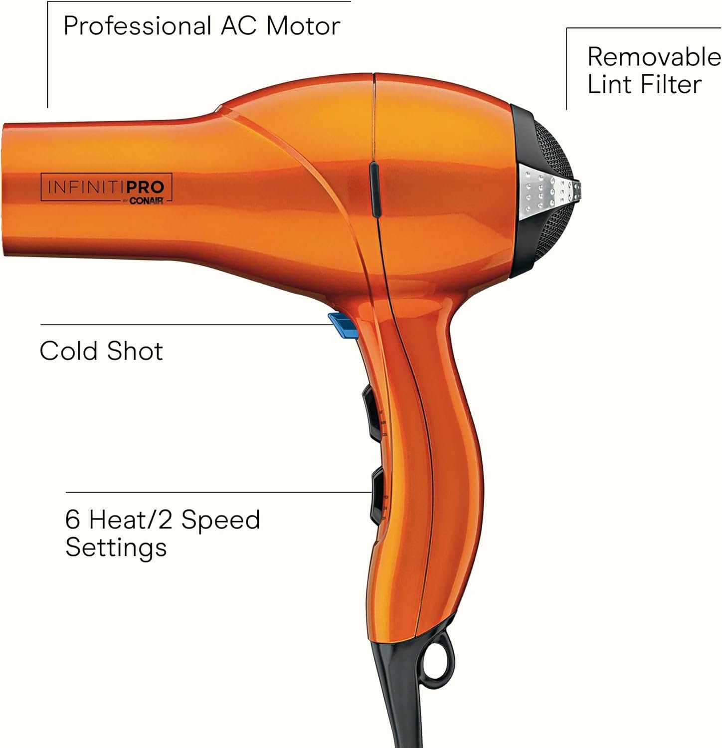 Infiniti PRO CONAIR Hair Dryer with Diffuser, Professional AC Motor, Tourmaline Ceramic Technology Blow Dryer, Includes Concentrator and Blowout Brush, Amazon Exclusive, Orange - Image 2