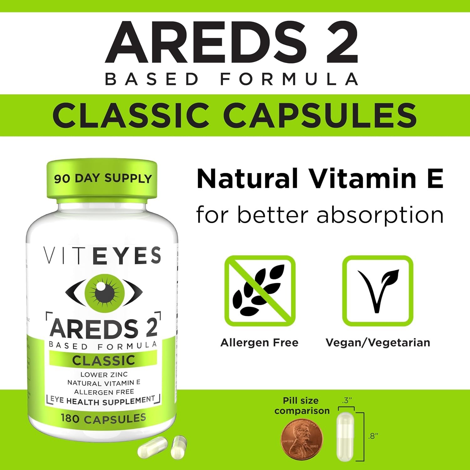 Viteyes AREDS 2 Eye Vitamins, Classic Macular Support, Allergen Free Capsules, with Natural Vitamin E, Vitamin C, Zinc, Copper, Lutein & Zeaxanthin, Eye Doctor Trusted, Manufactured in The USA, 180 Ct - Image 3