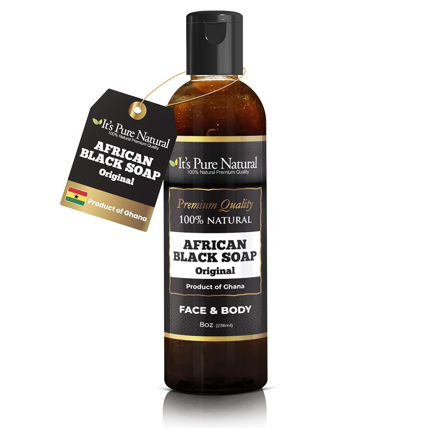 It's Pure Natural African Black Soap, Liquid Form, Traditional Handmade Raw Soap with Shea Butter and Coconut Oil, Face and Body Cleanser, (8oz, Original)