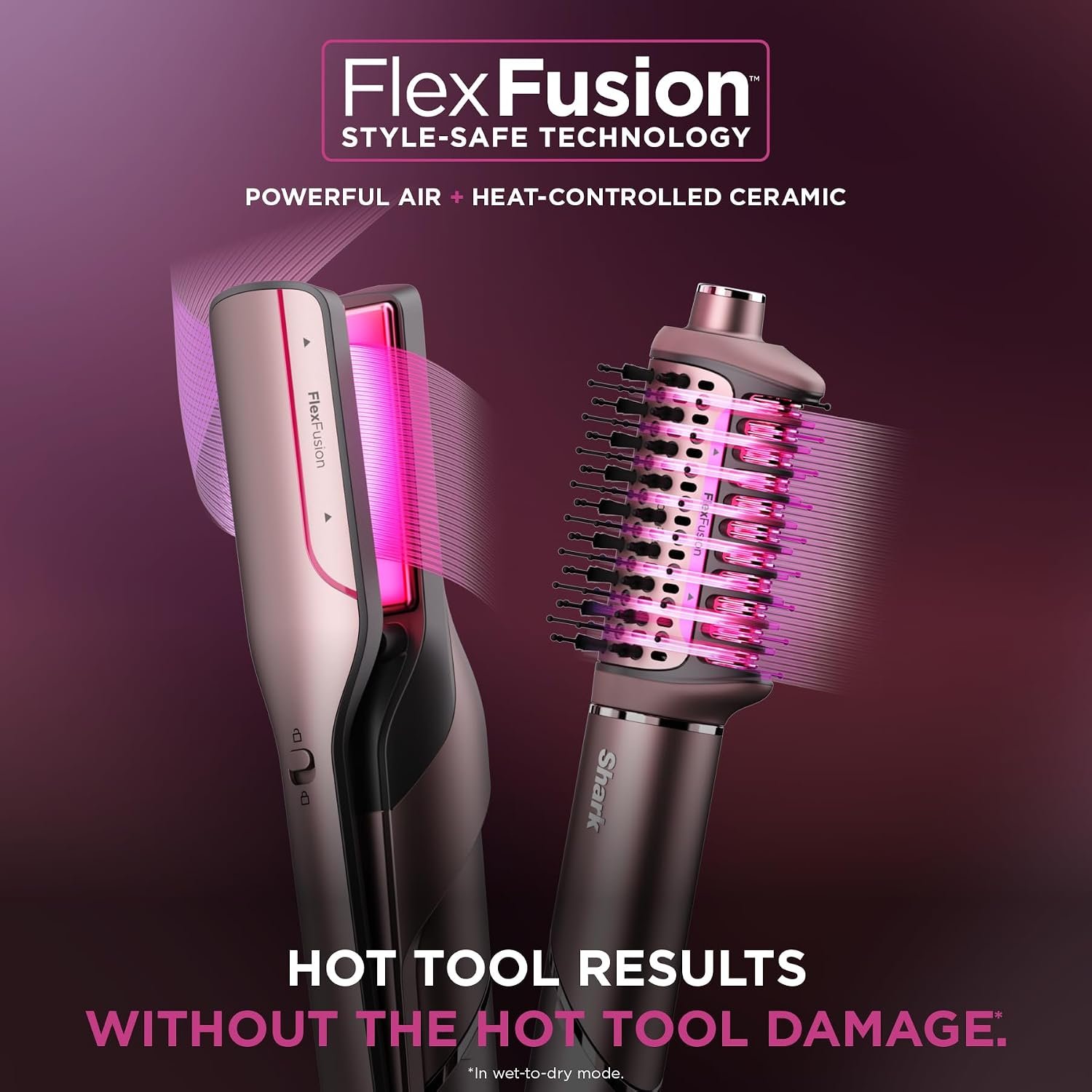 Shark FlexFusion Hair Straightener & Powerful Hair Dryer with Fusion Hair Brush, Ceramic Air Styler with Auto-Wrap Curlers & Concentrator, Ceramic Plates, Cosmic Blush HD641S - Image 2