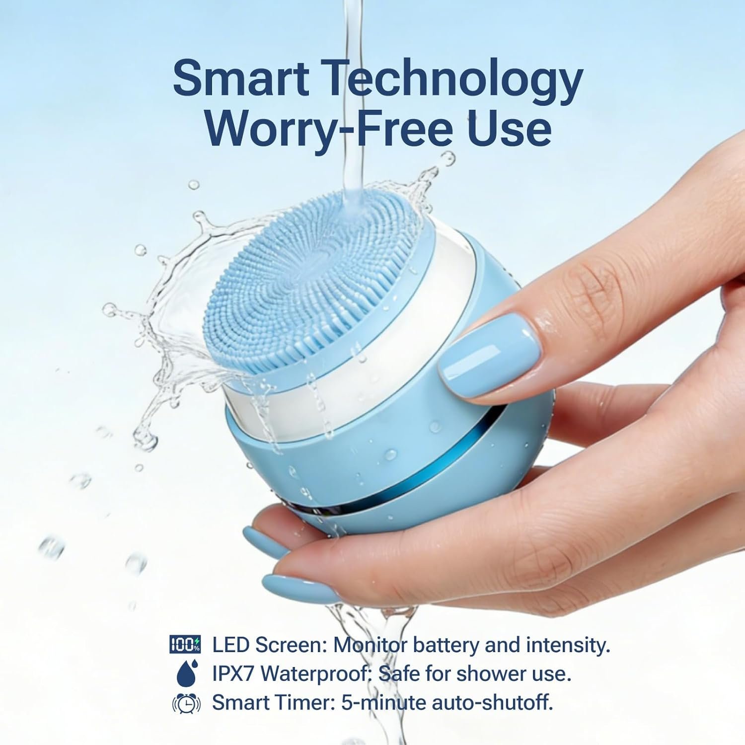Electric Face Scrubber & Silicone Facial Cleansing Brush - Waterproof Sonic Face Brush Exfoliator with LED Screen, 3 Beauty Light Modes, Rechargeable Face Wash Brush for Deep Cleaning & Massage-Blue - Image 6