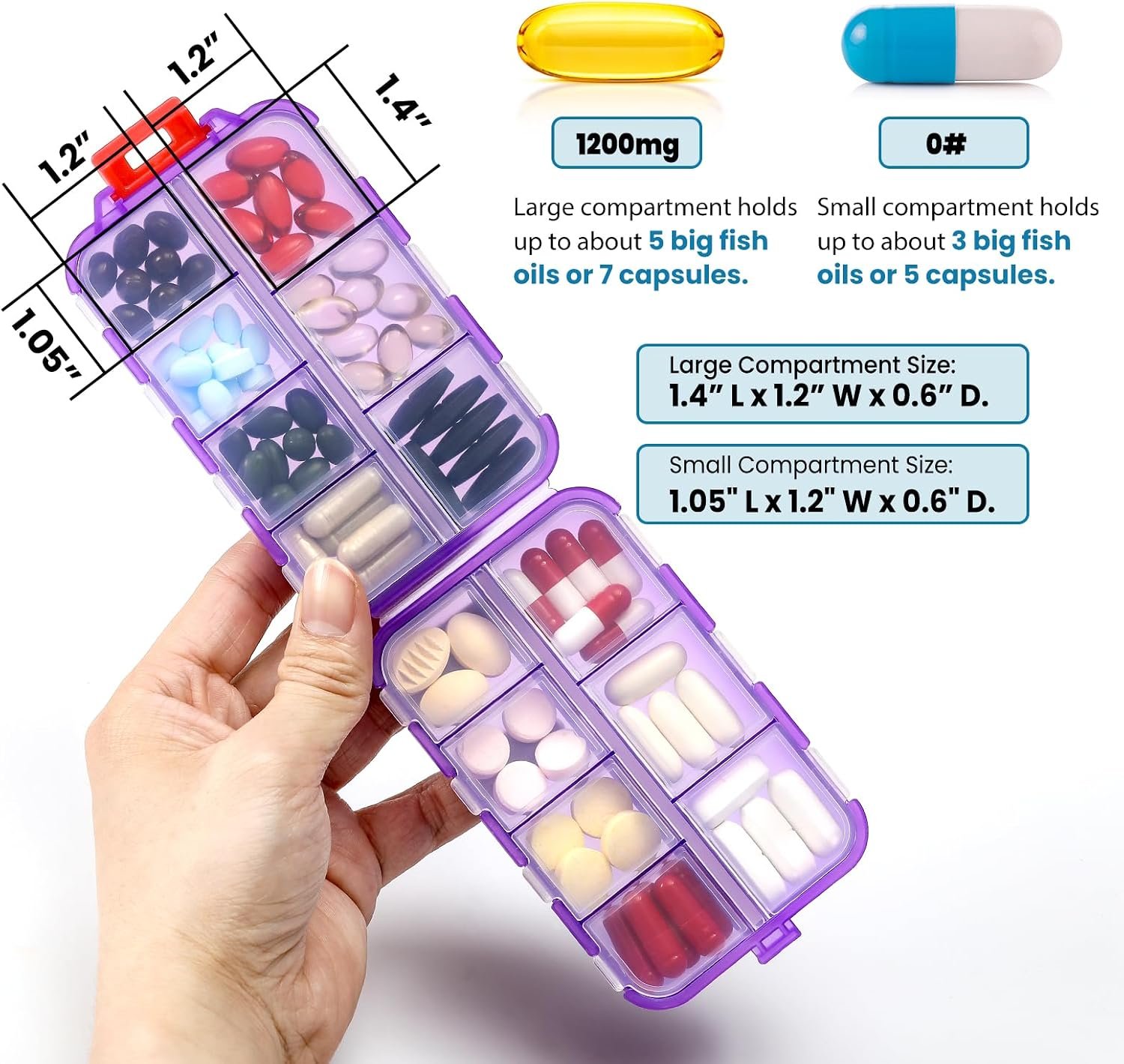 14 GRIDS Travel Pill Organizer Box with Labels - Travel Medicine Case Kit - Pocket Daily Pharmacy Container - Travel Medication Holder Dispenser for Fish Oil Vitamin Supplement Storage - Clear Purple - Image 2