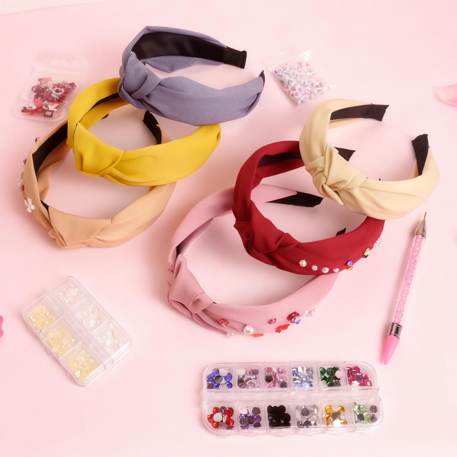 Amarys Hearth 471 Pcs DIY Knotted Headband Making Kit, 6 Pack Hair Accessories Set with Rhinestones Crystal Alphabet Beads Jeweled Fashion Birthday Party Gift for Women - Image 3